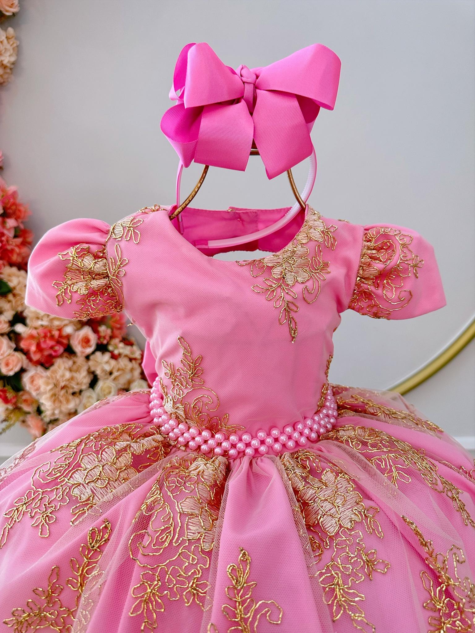 Vestido Infantil Rosa Renda Realeza Cinto de Pérolas Damas