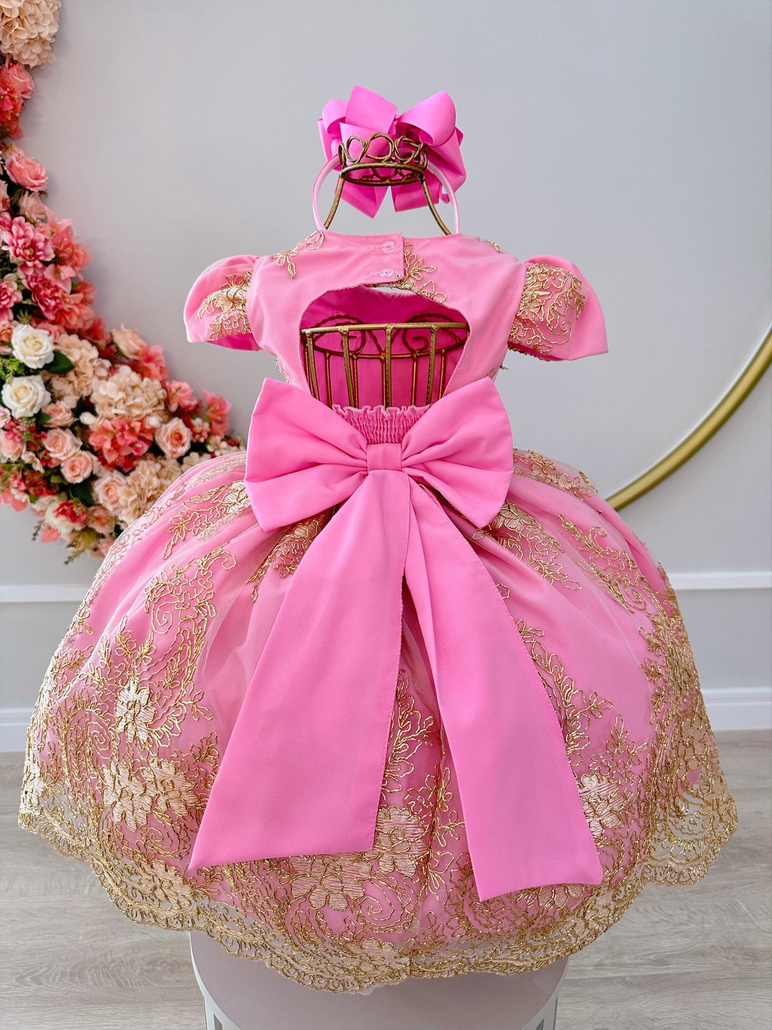 Vestido Infantil Rosa Renda Realeza Cinto de Pérolas Damas