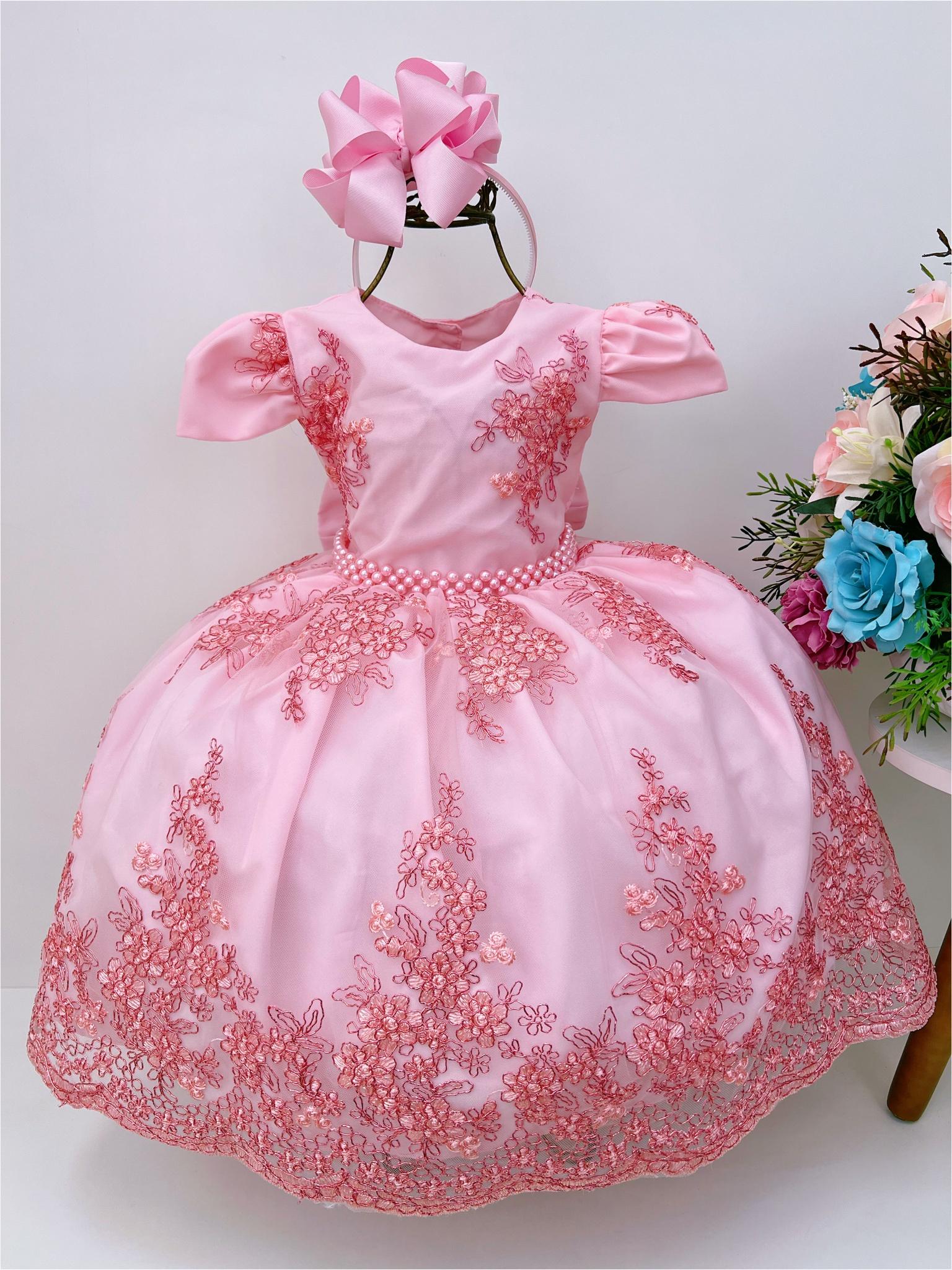 Vestido Infantil Rosa Renda Realeza Festa Cinto de Pérolas