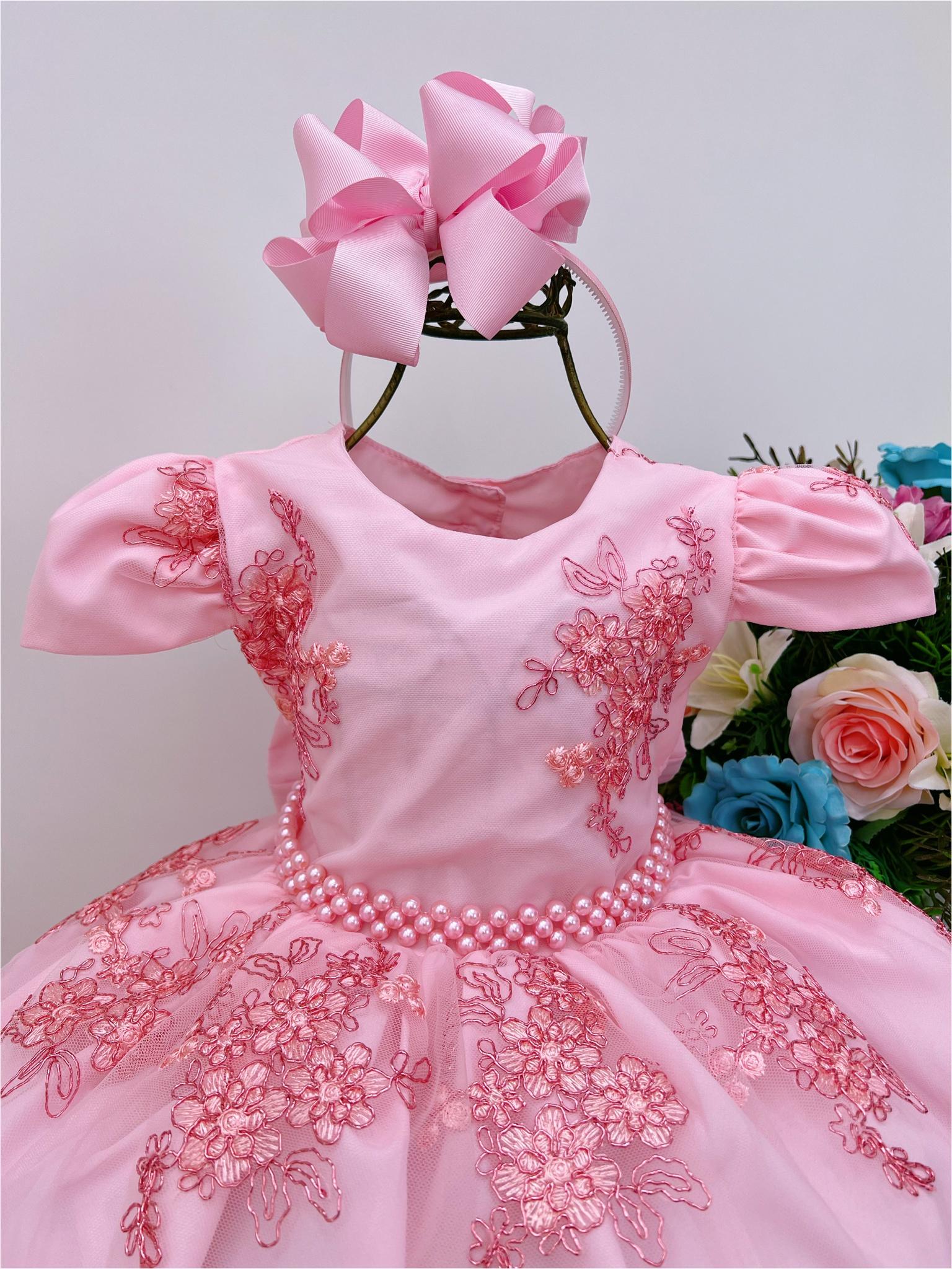 Vestido Infantil Rosa Renda Realeza Festa Cinto de Pérolas