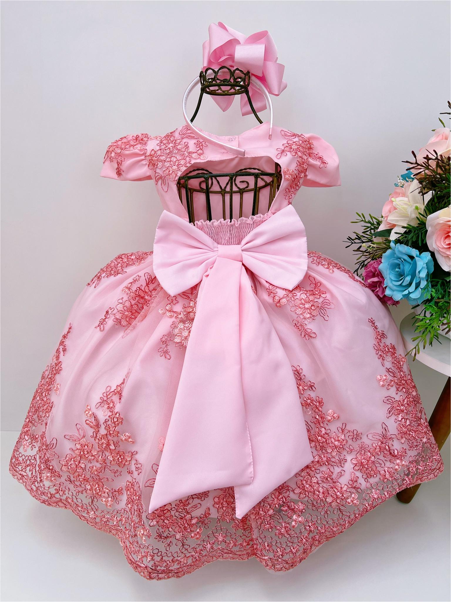 Vestido Infantil Rosa Renda Realeza Festa Cinto de Pérolas