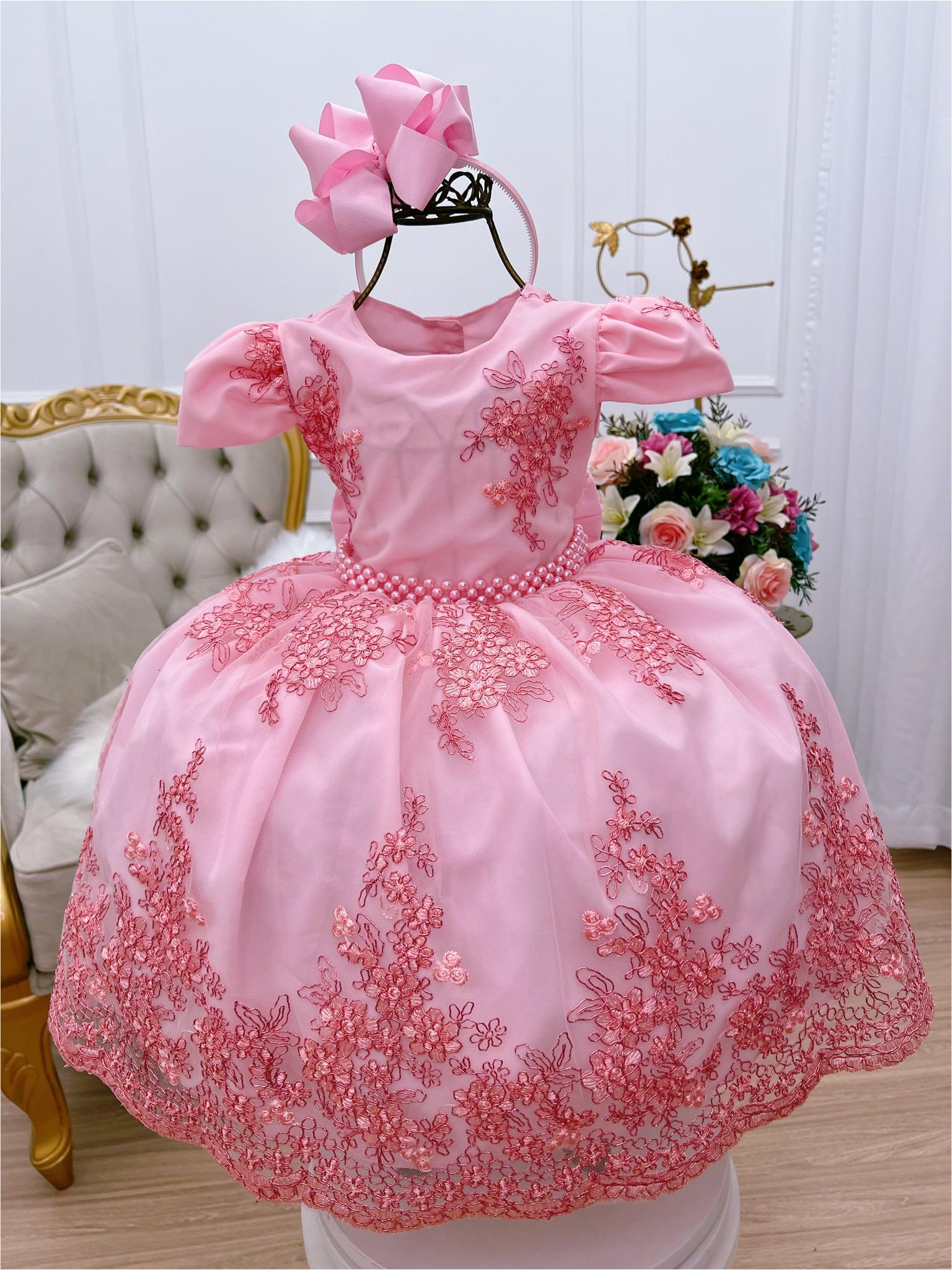 Vestido Infantil Rosa Renda Realeza Festa Cinto de Pérolas