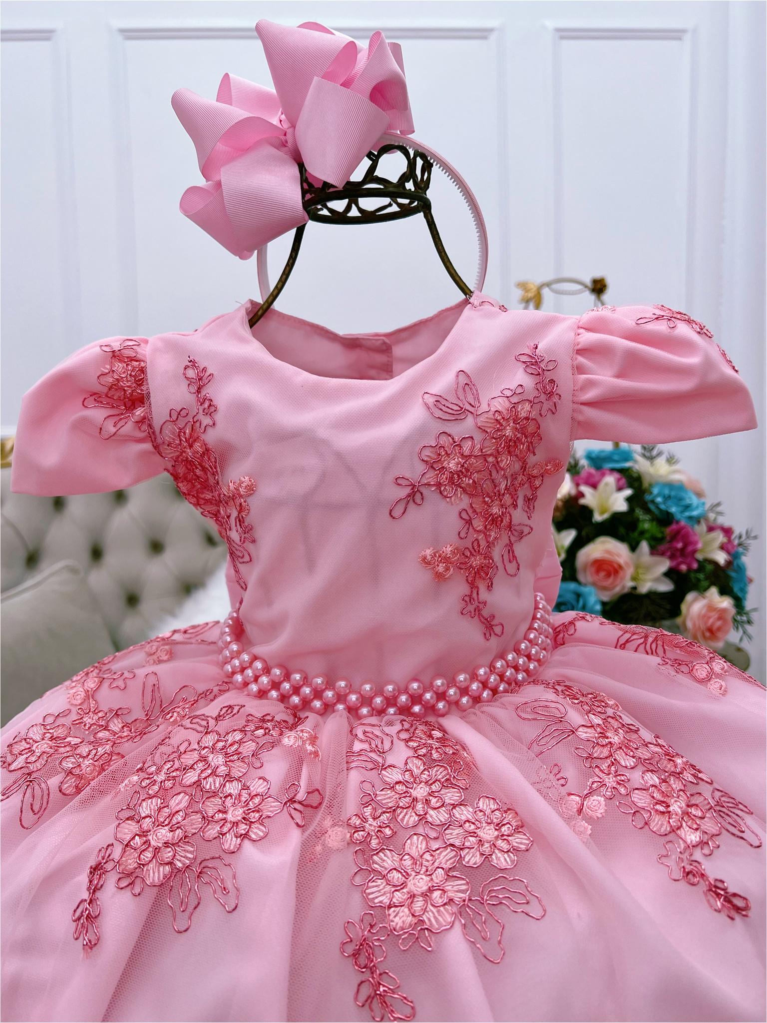 Vestido Infantil Rosa Renda Realeza Festa Cinto de Pérolas