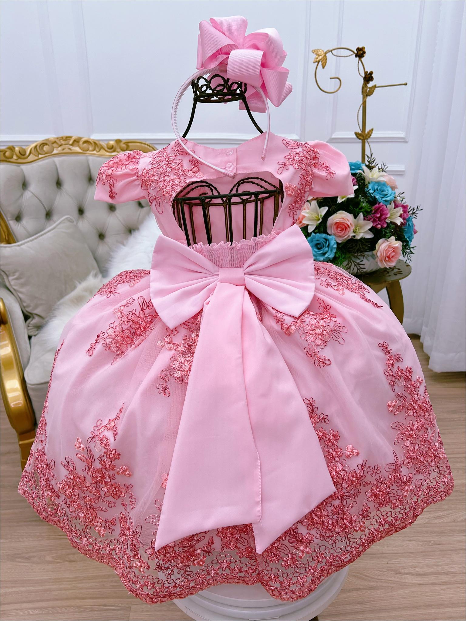 Vestido Infantil Rosa Renda Realeza Festa Cinto de Pérolas