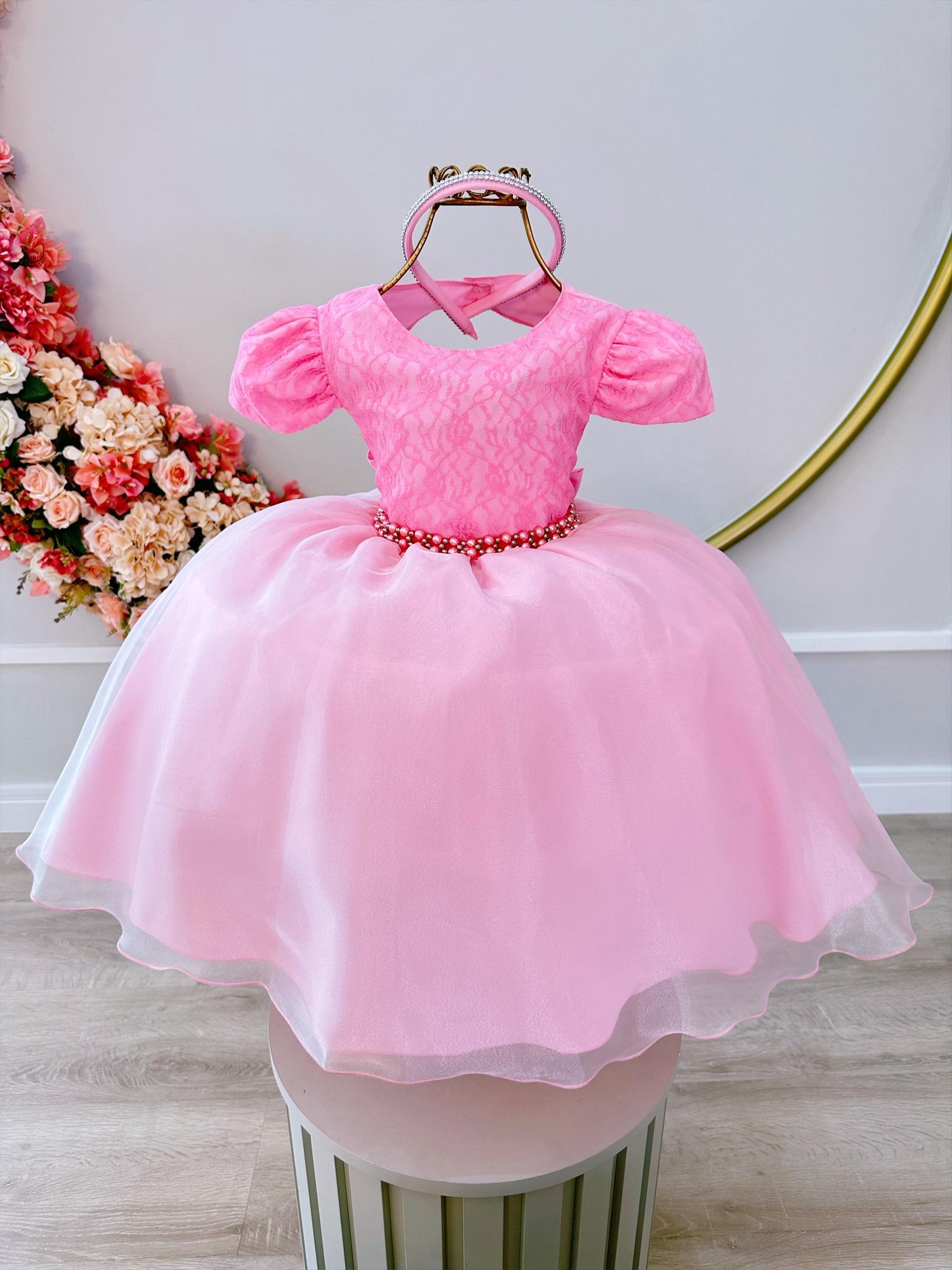 Vestido Infantil Rosa Renda Rosa Chiclete C/ Pérolas Dama