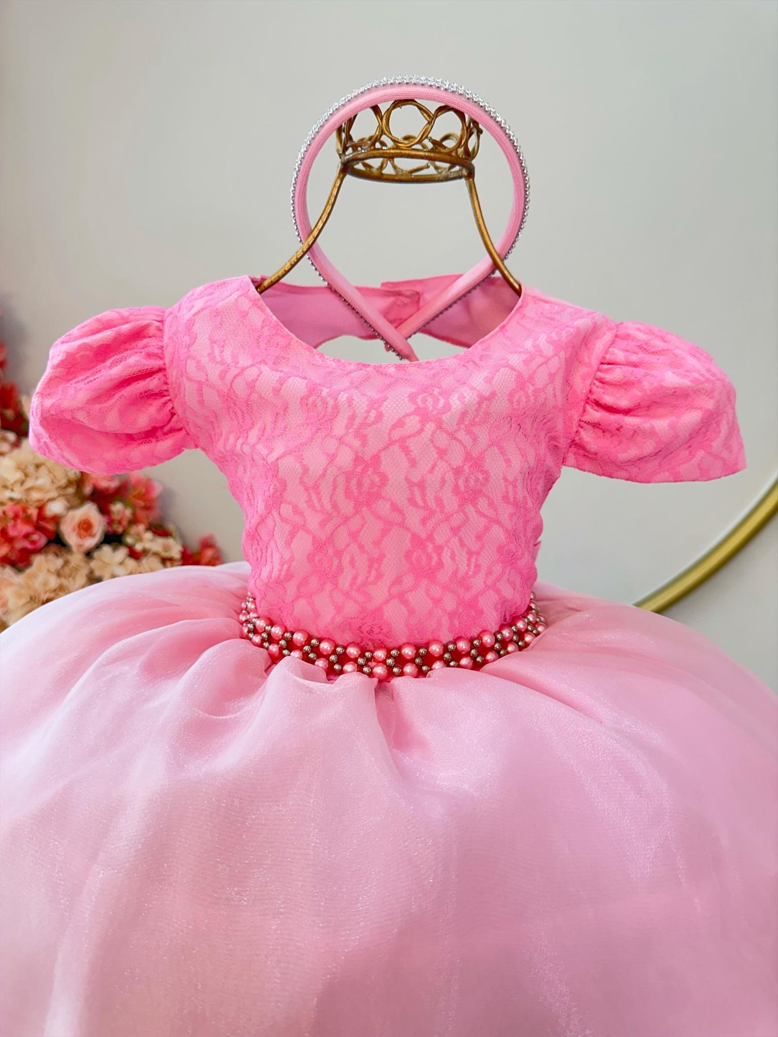 Vestido Infantil Rosa Renda Rosa Chiclete C/ Pérolas Dama