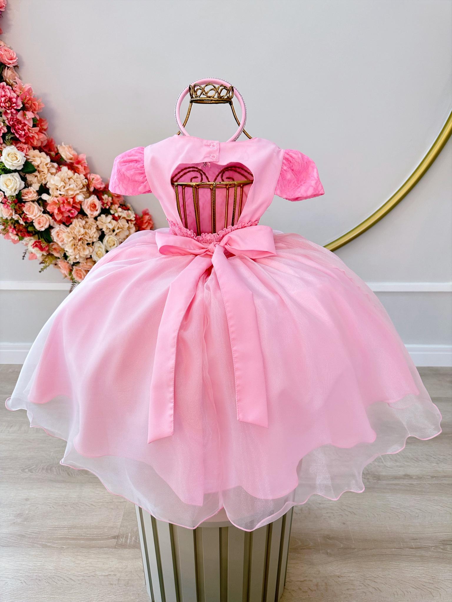 Vestido Infantil Rosa Renda Rosa Chiclete C/ Pérolas Dama