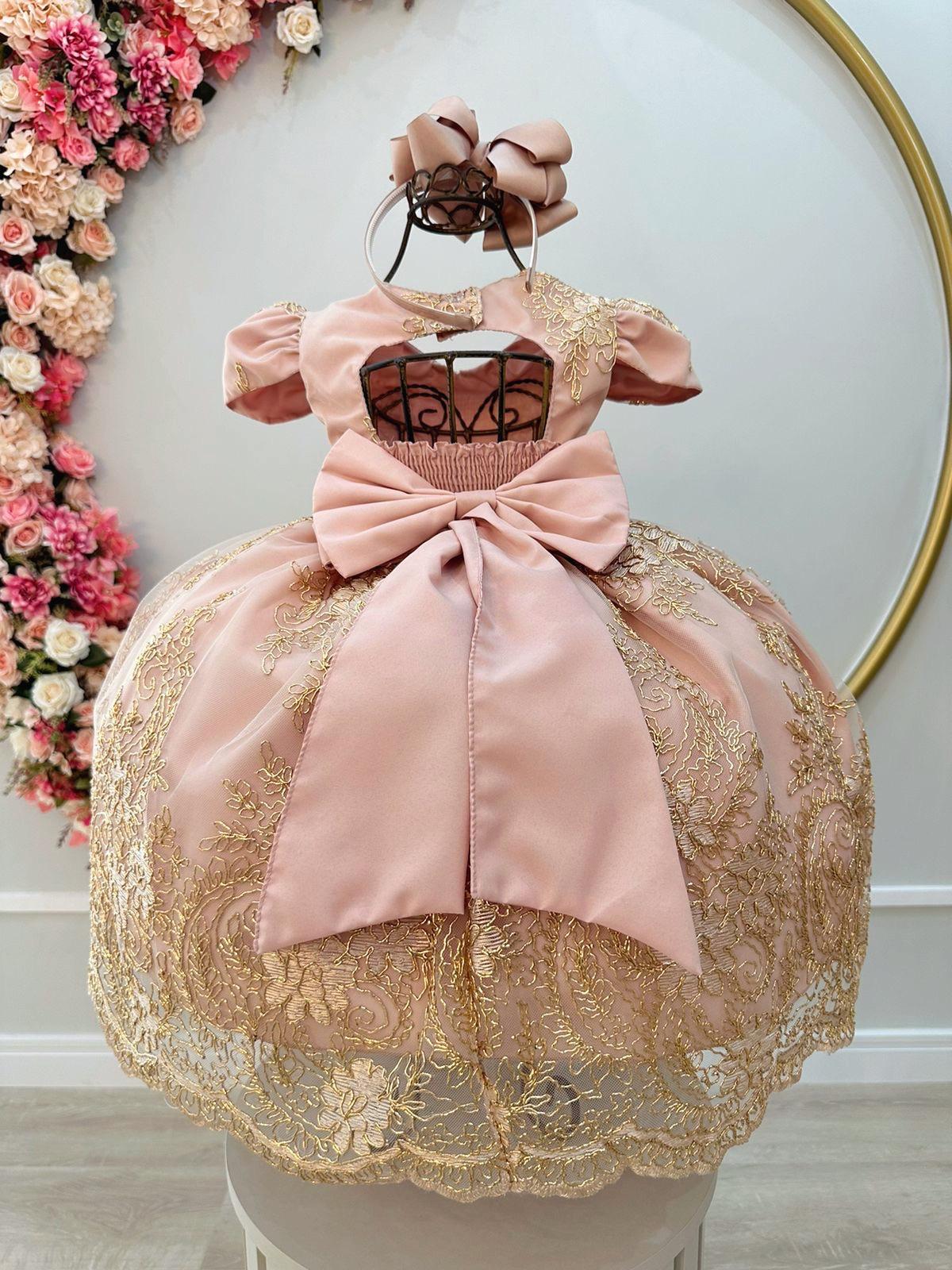 Vestido Infantil Rose C/ Renda Dourada Realeza Cinto Pérolas