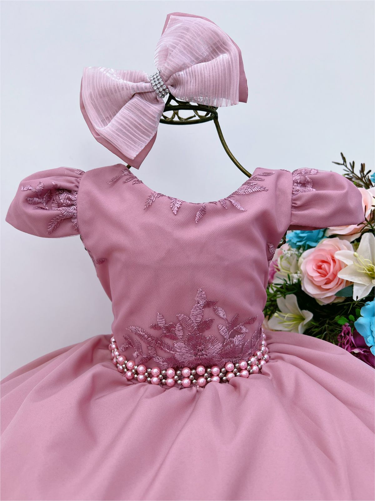 Vestido Infantil Rose Renda Damas Cinto Pérolas e Laço