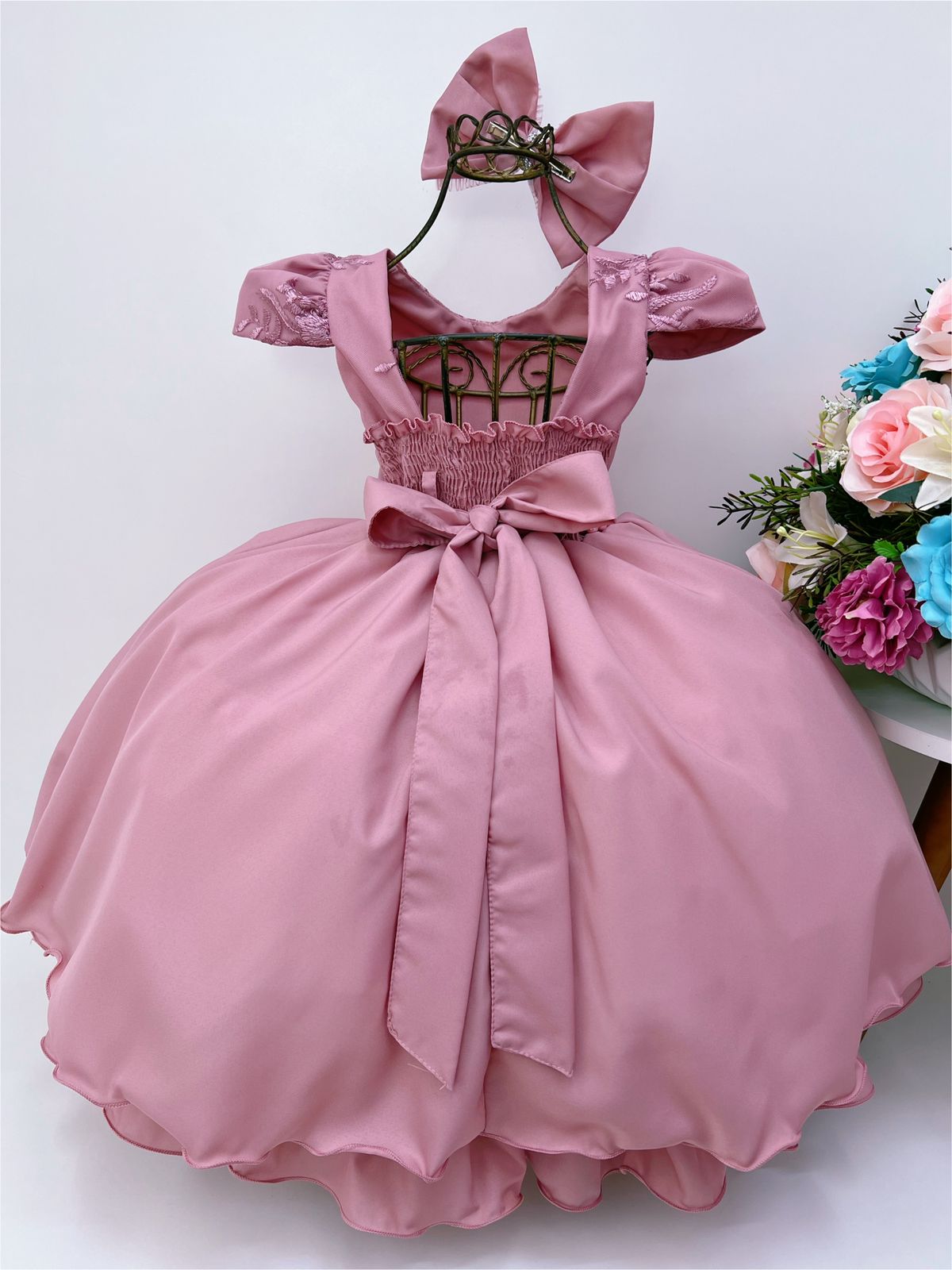 Vestido Infantil Rose Renda Damas Cinto Pérolas e Laço