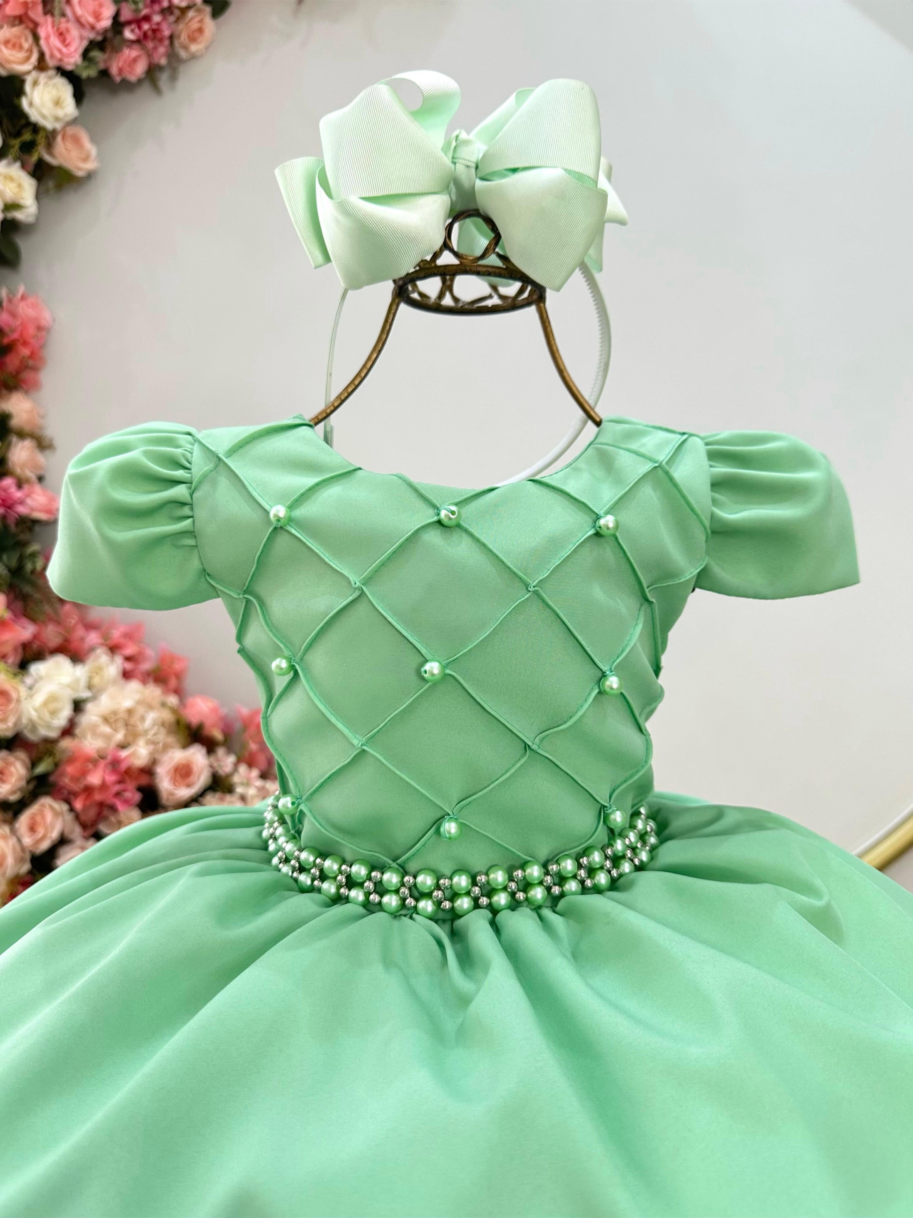 Vestido Infantil Verde Cinto de Pérolas Casamento Luxo
