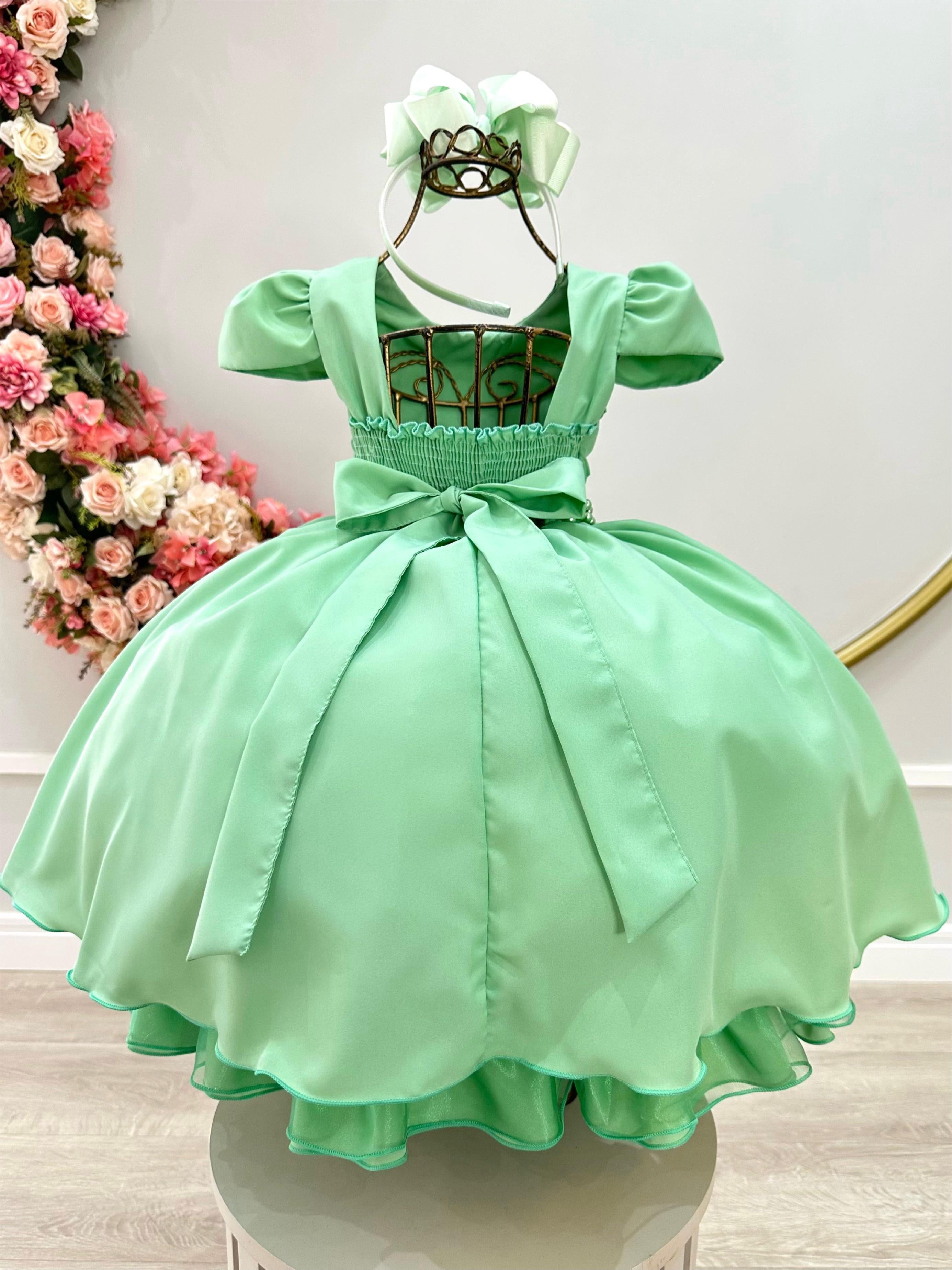 Vestido Infantil Verde Cinto de Pérolas Casamento Luxo