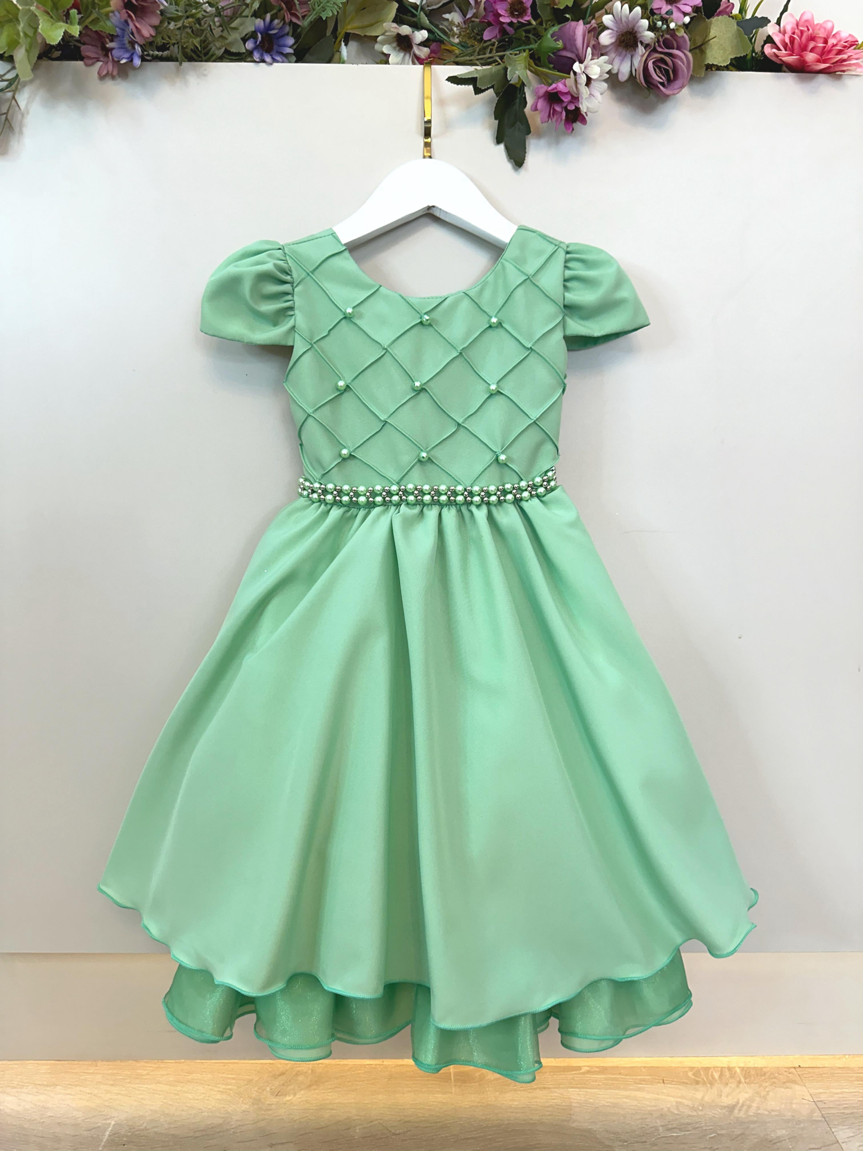 Vestido Infantil Verde Cinto de Pérolas Casamento Luxo