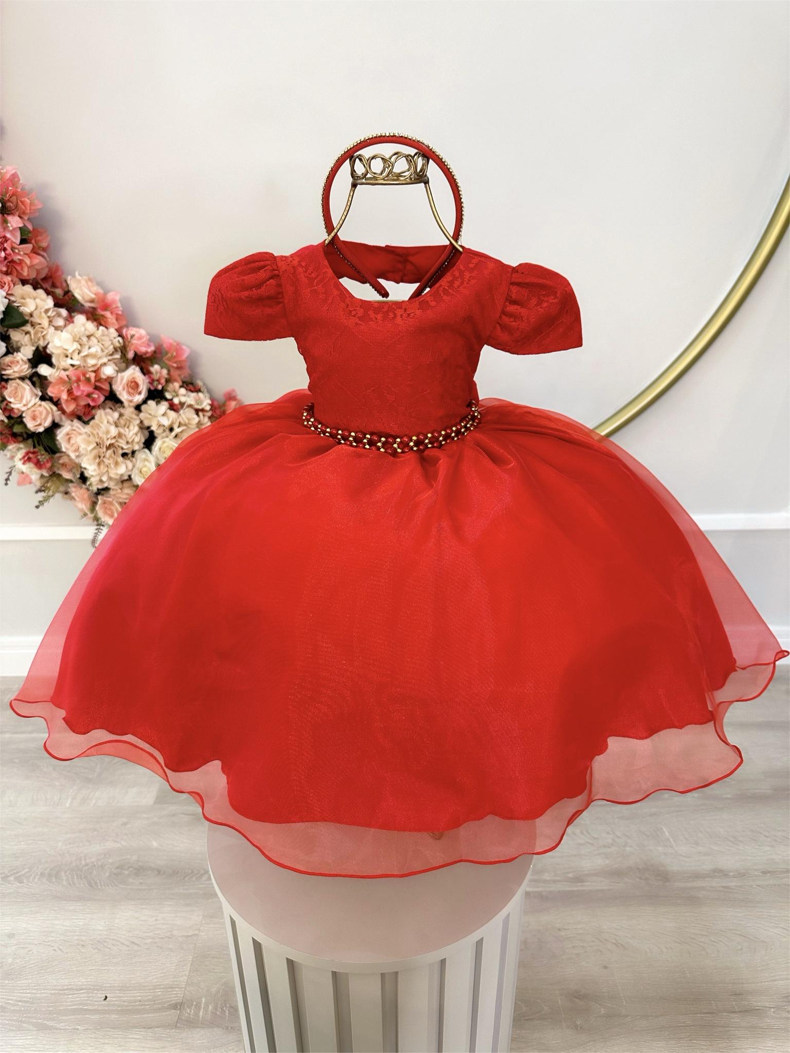 Vestido Infantil Vermelho C/ Renda Luxo Cinto Pérolas Tiara