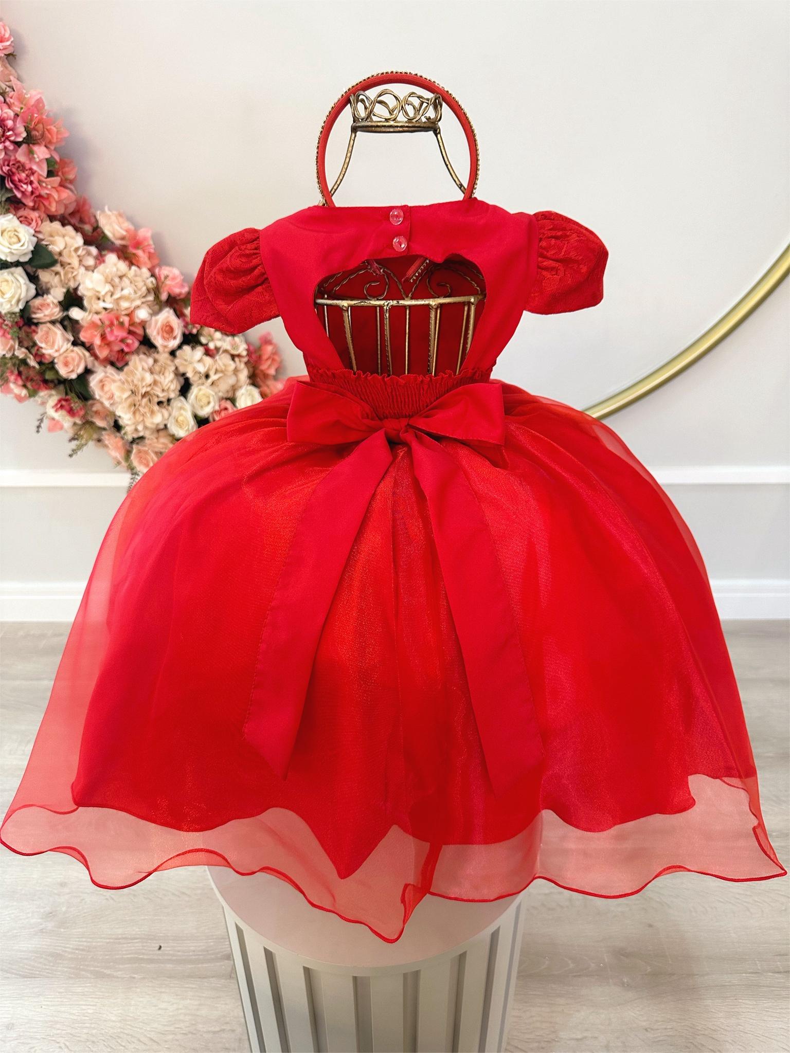 Vestido Infantil Vermelho C/ Renda Luxo Cinto Pérolas Tiara