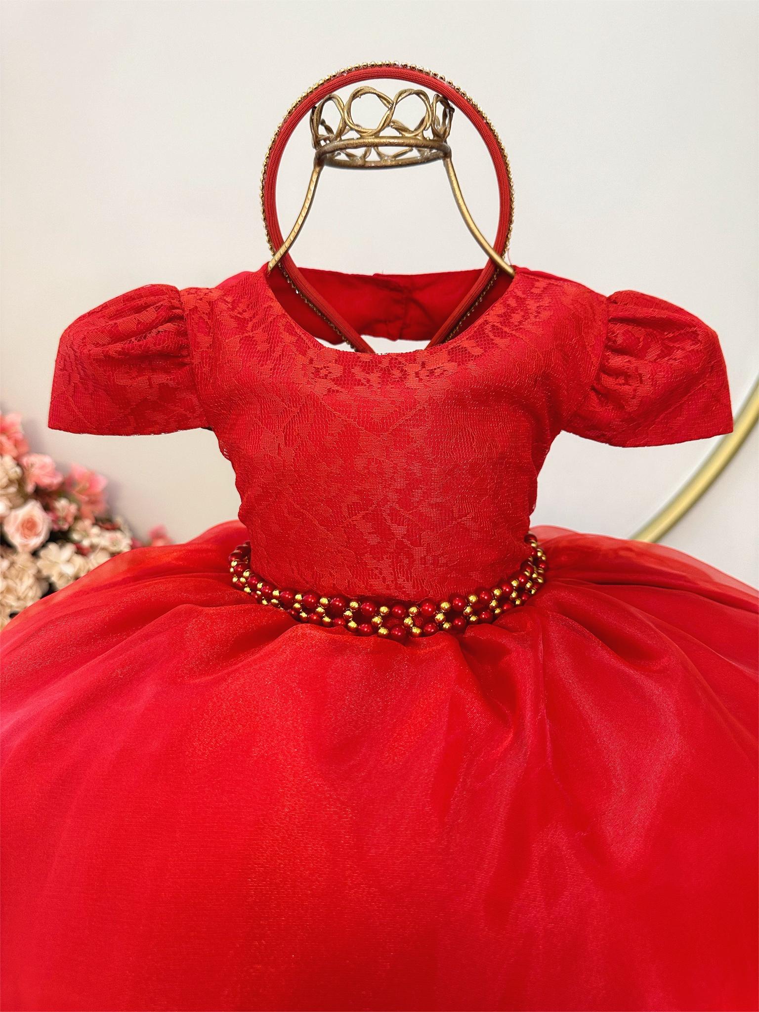 Vestido Infantil Vermelho C/ Renda Luxo Cinto Pérolas Tiara