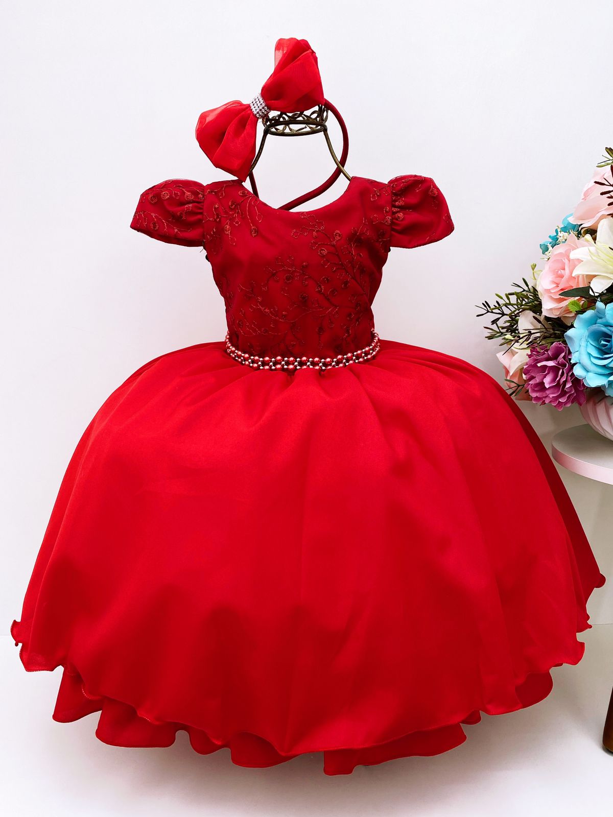 Vestido Infantil Vermelho Renda Cinto Pérolas C/Tiara