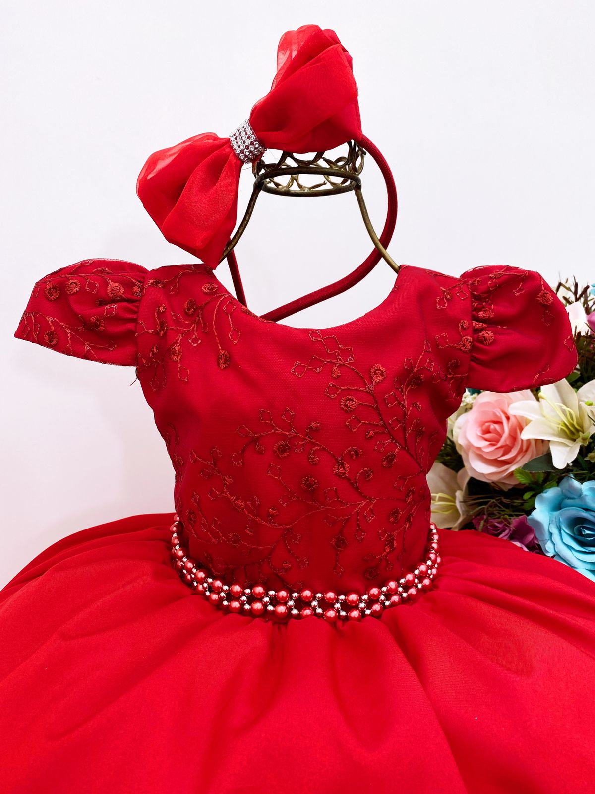 Vestido Infantil Vermelho Renda Cinto Pérolas C/Tiara