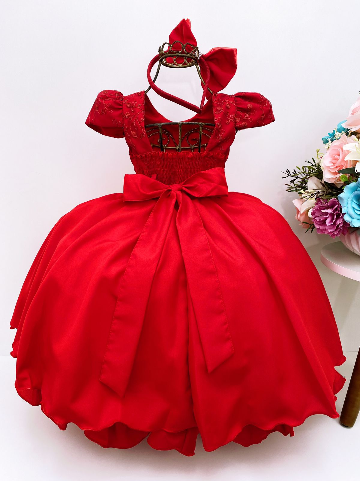 Vestido Infantil Vermelho Renda Cinto Pérolas C/Tiara