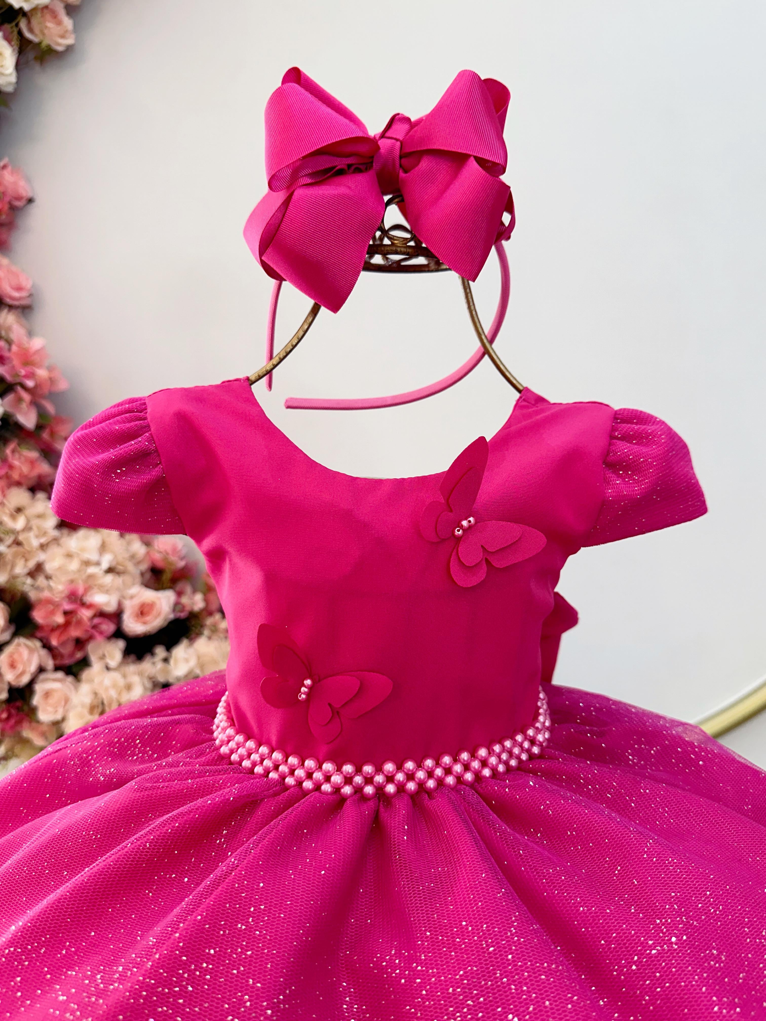 Vestido Infantil Pink Com Apliques de Borboletas Glitter