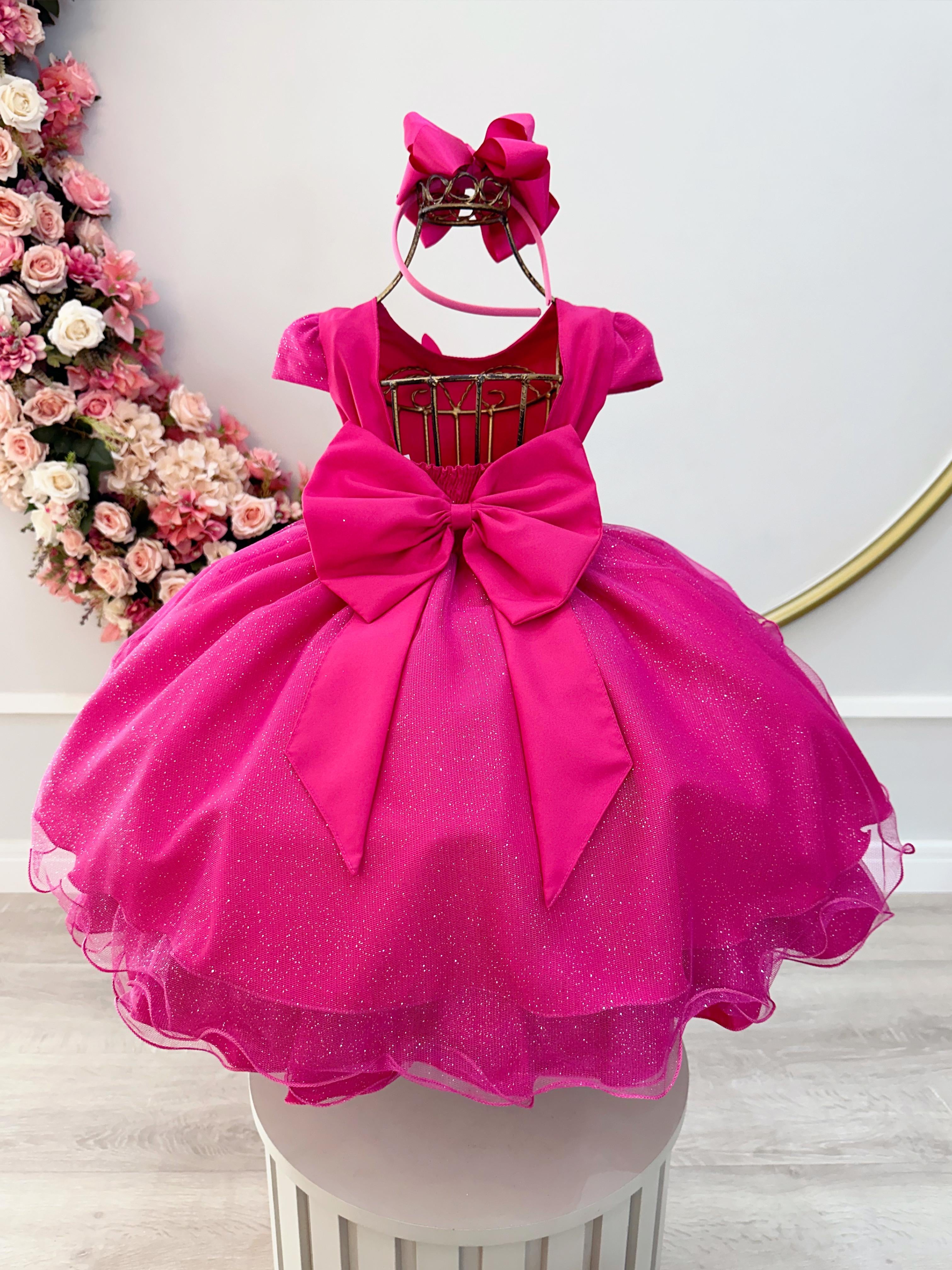 Vestido Infantil Pink Com Apliques de Borboletas Glitter