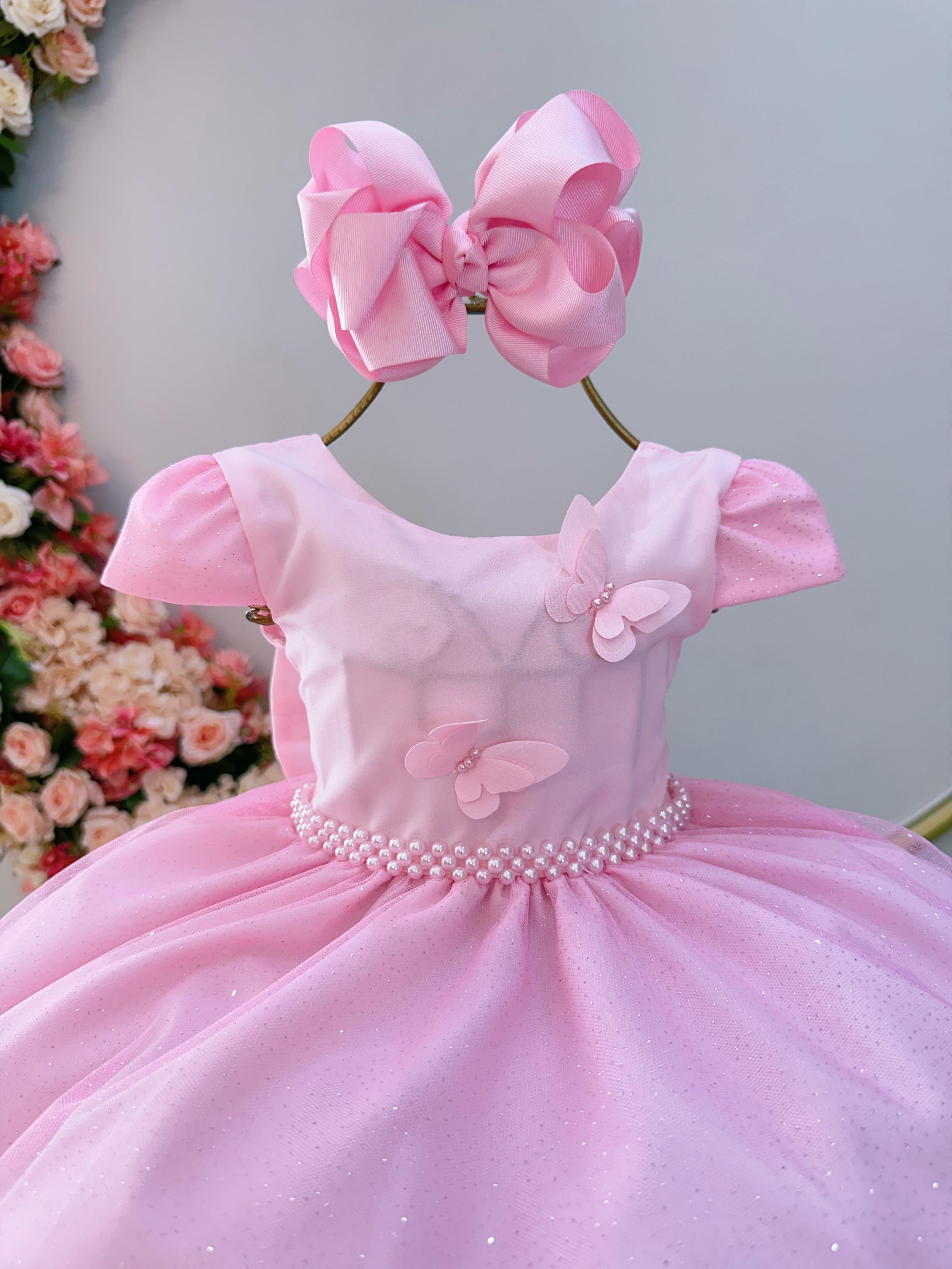 Vestido Infantil Rosa Claro C/ Apliques Borboletas Glitter