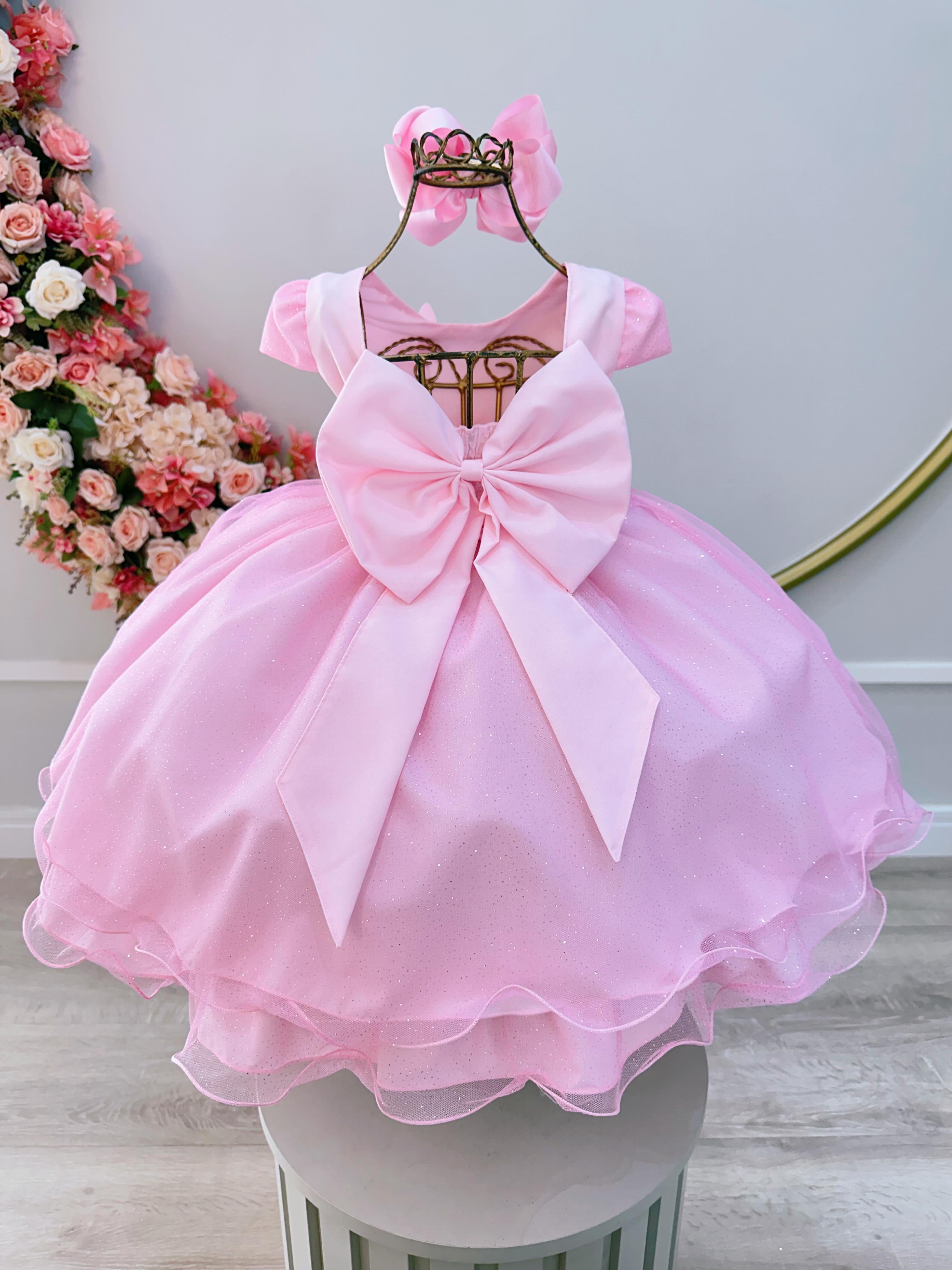 Vestido Infantil Rosa Claro C/ Apliques Borboletas Glitter