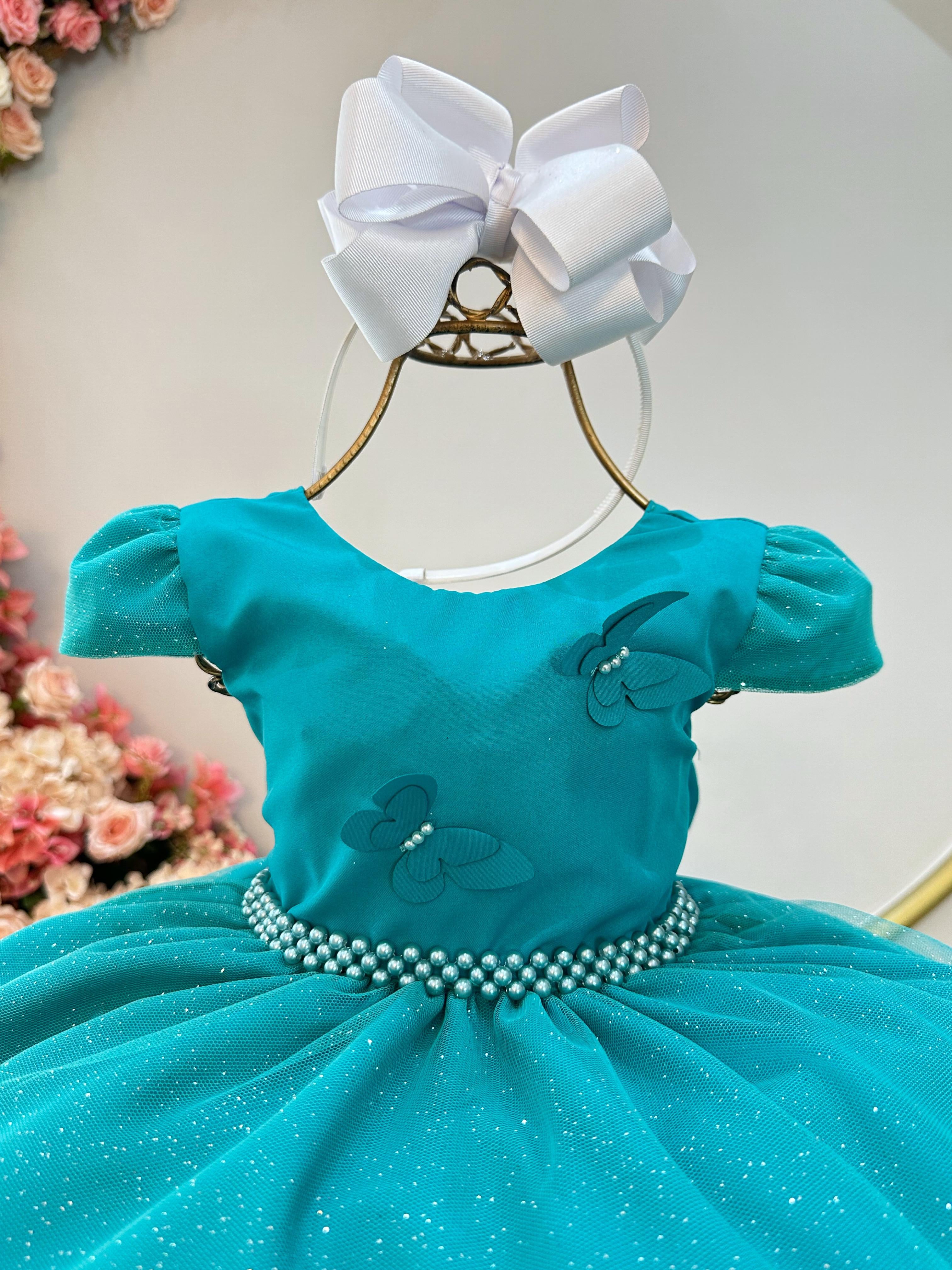 Vestido Infantil Verde C/ Apliques Borboletas Glitter