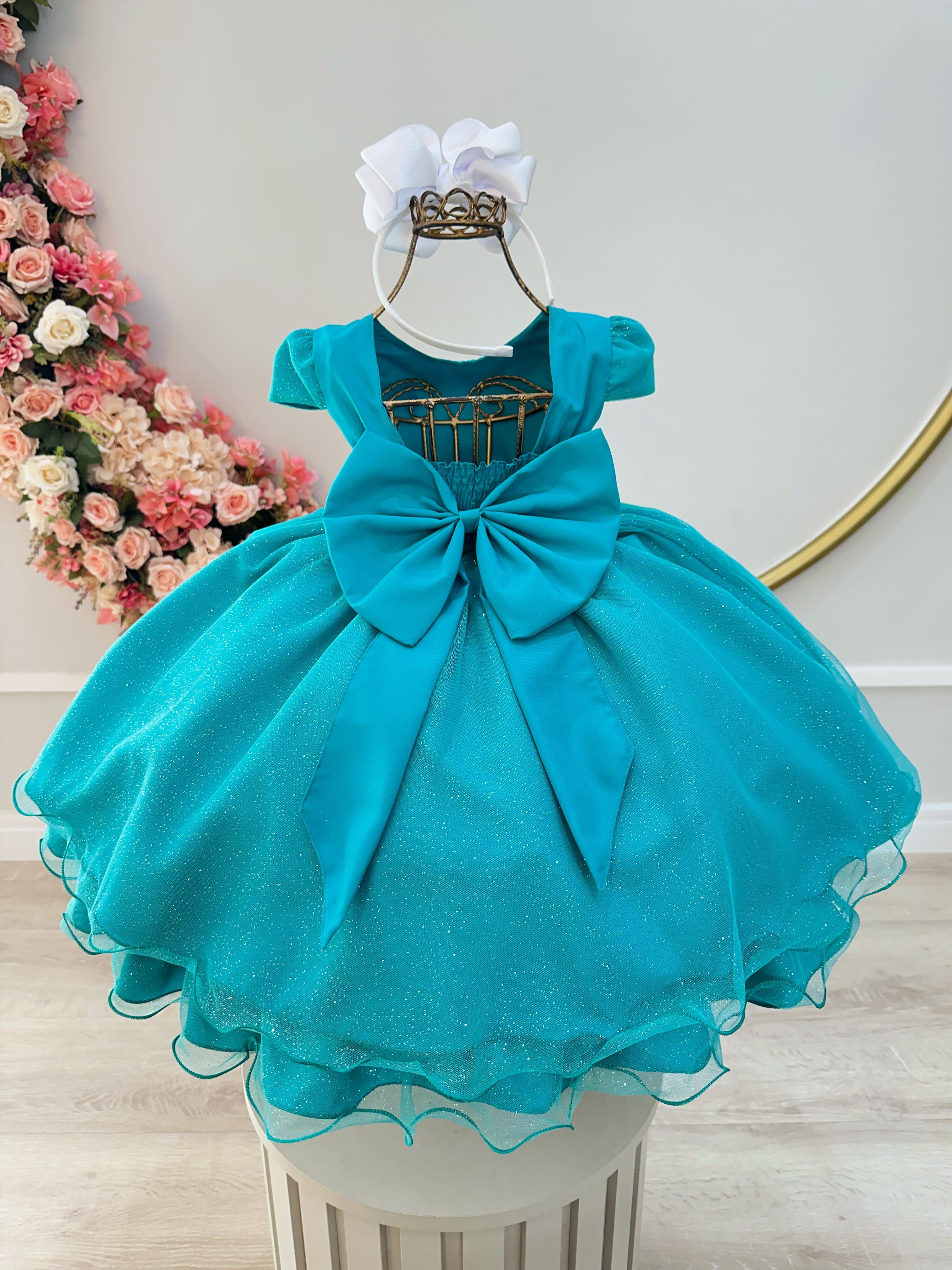 Vestido Infantil Verde C/ Apliques Borboletas Glitter