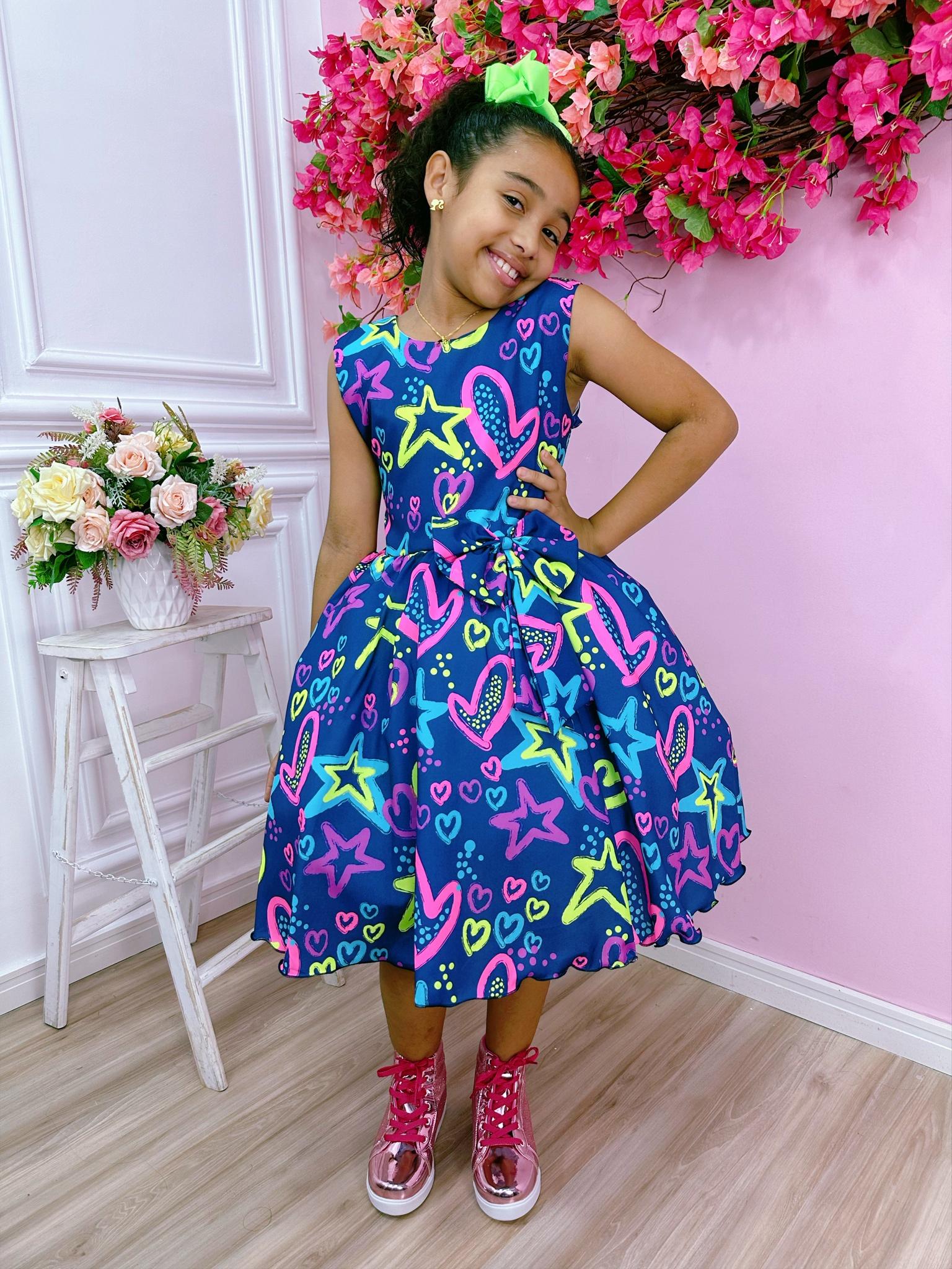 Vestido Infantil Barbie Azul Marinho Neon C/ Broche de Laço