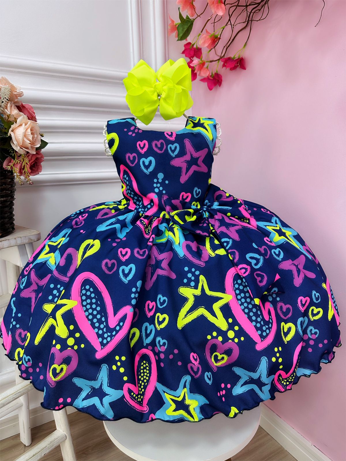 Vestido Infantil Barbie Azul Marinho Neon C/ Broche de Laço