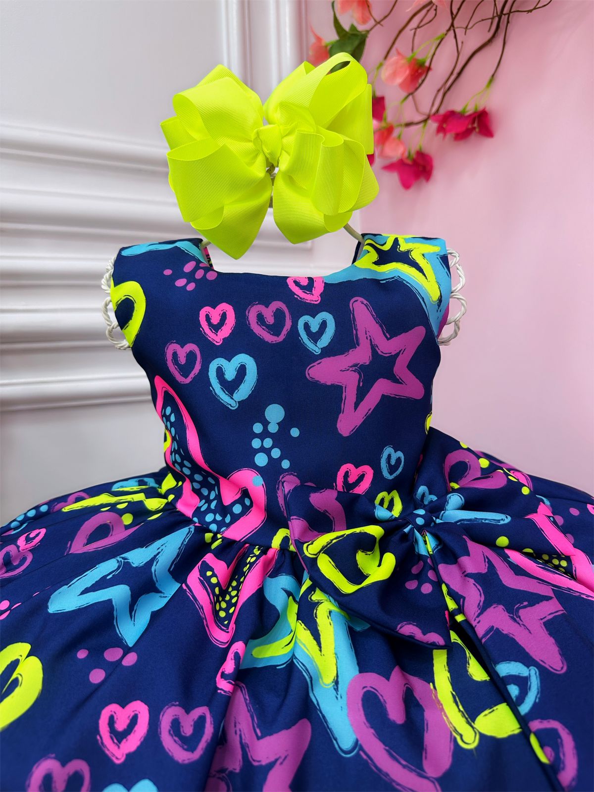 Vestido Infantil Barbie Azul Marinho Neon C/ Broche de Laço