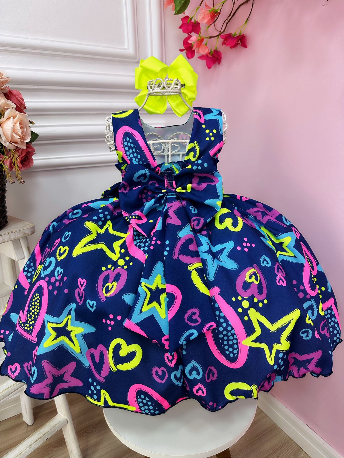 Vestido Infantil Barbie Azul Marinho Neon C/ Broche de Laço