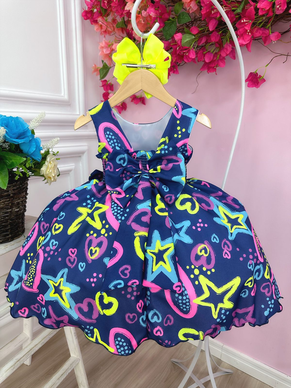 Vestido Infantil Barbie Azul Marinho Neon C/ Broche de Laço