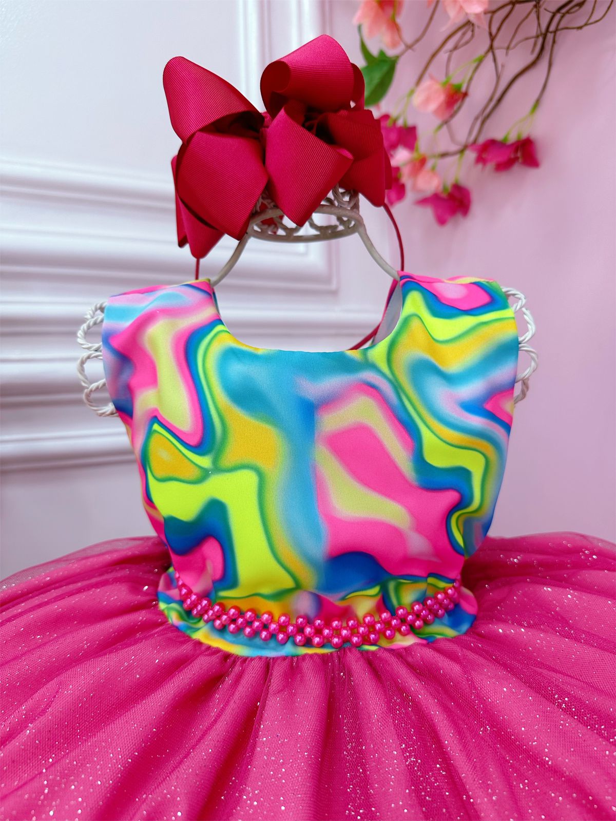 Vestido Infantil Barbie Colorido Neon Saia Pink e Glitter