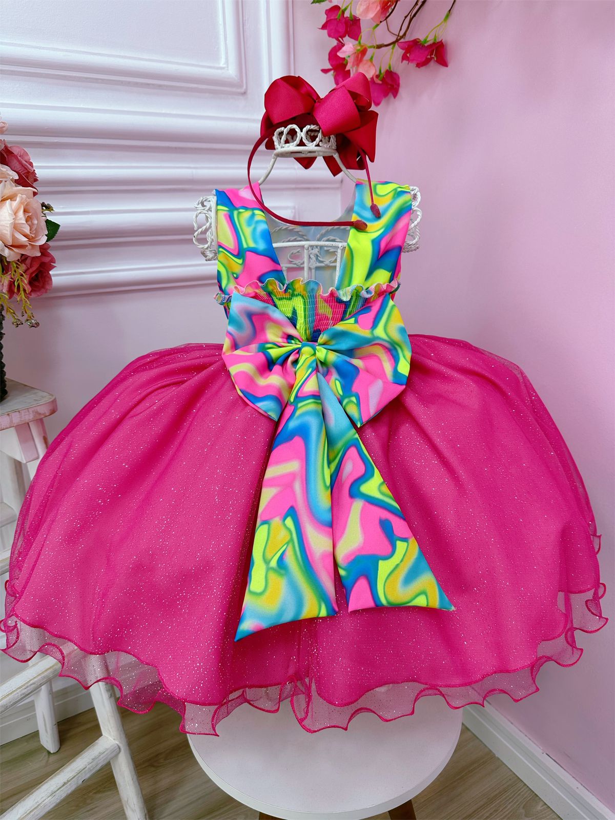Vestido Infantil Barbie Colorido Neon Saia Pink e Glitter