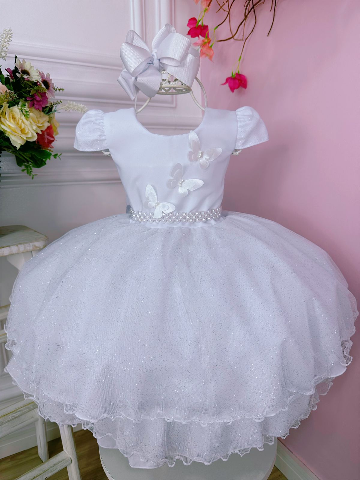 Vestido Infantil Branco Aplique de Borboletas C/ Glitter