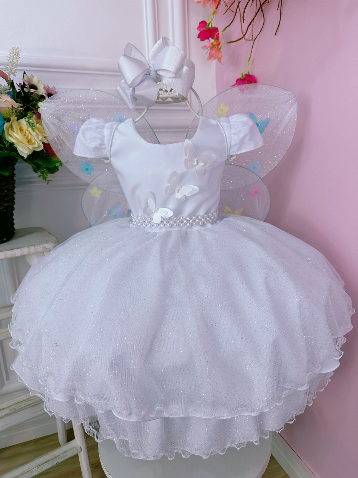 Vestido Infantil Branco Aplique de Borboletas C/ Glitter