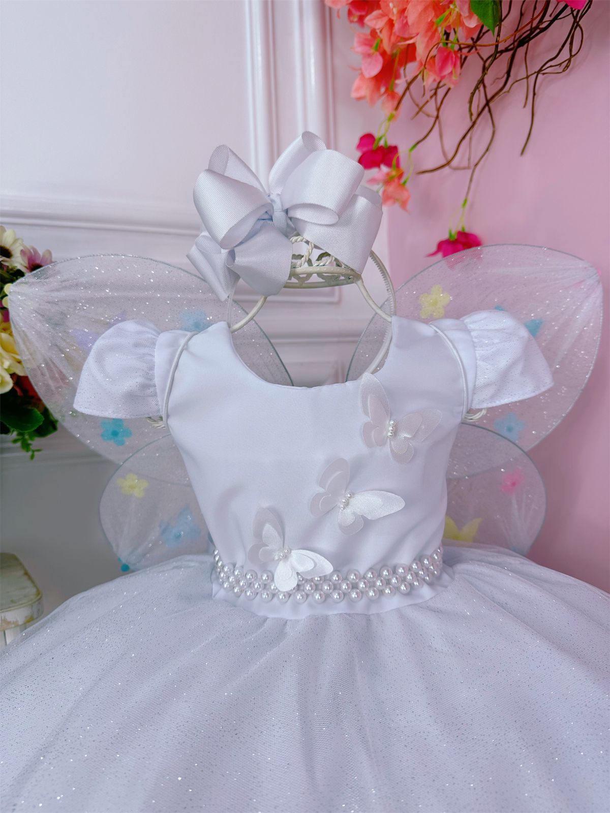 Vestido Infantil Branco Aplique de Borboletas C/ Glitter