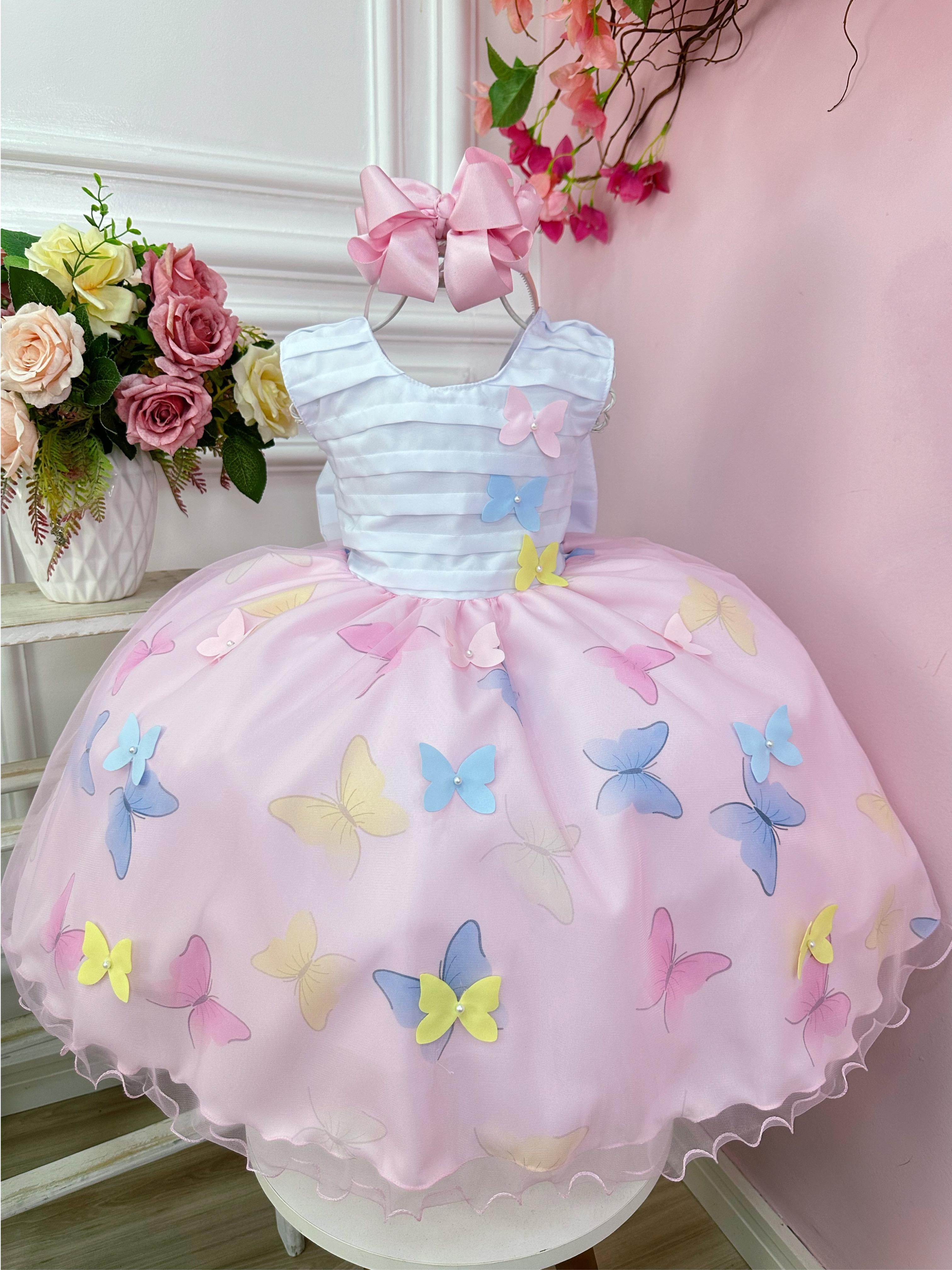 Vestido Infantil Branco Busto Plissado Jardim das Borboletas