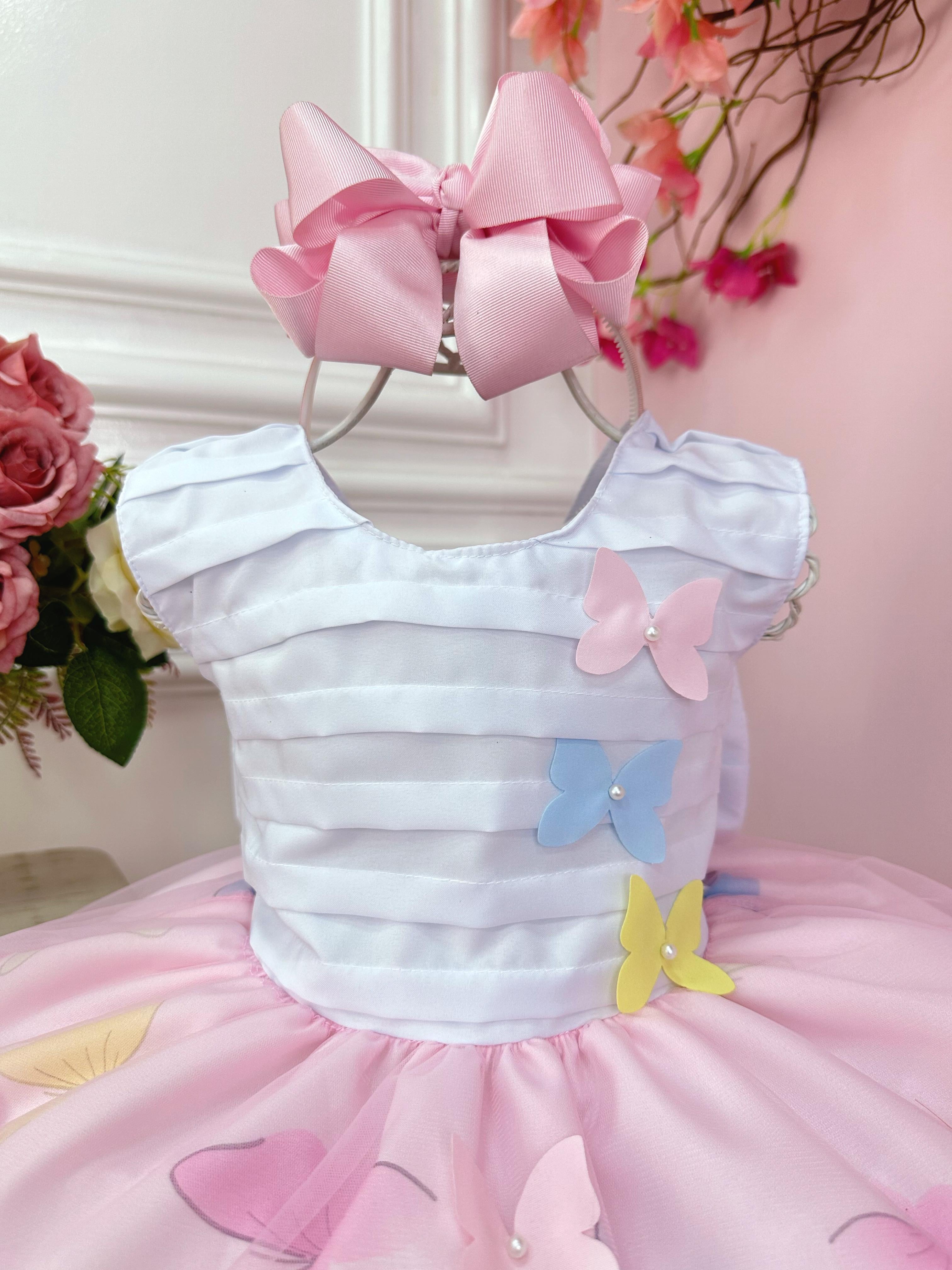 Vestido Infantil Branco Busto Plissado Jardim das Borboletas