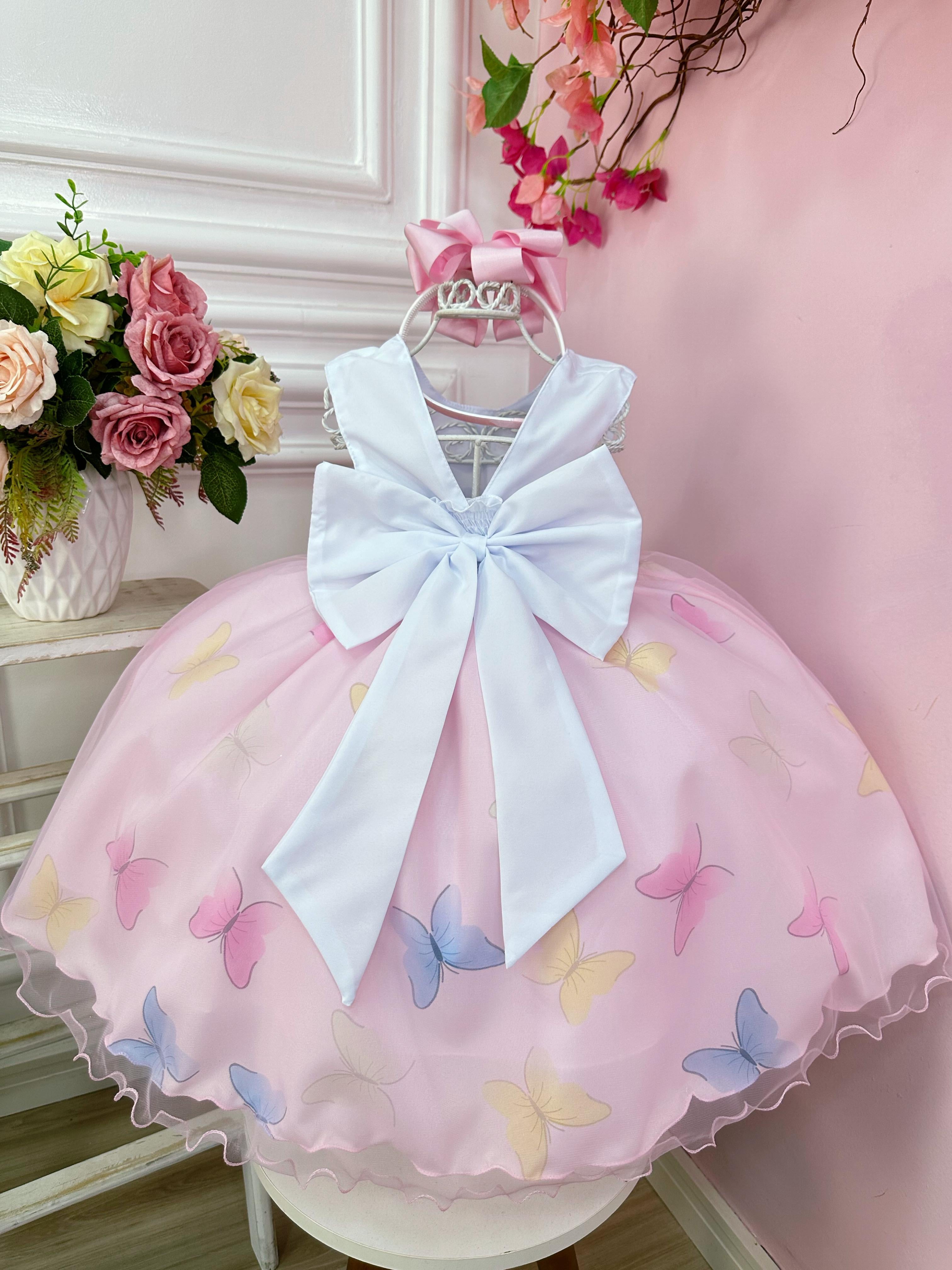Vestido Infantil Branco Busto Plissado Jardim das Borboletas