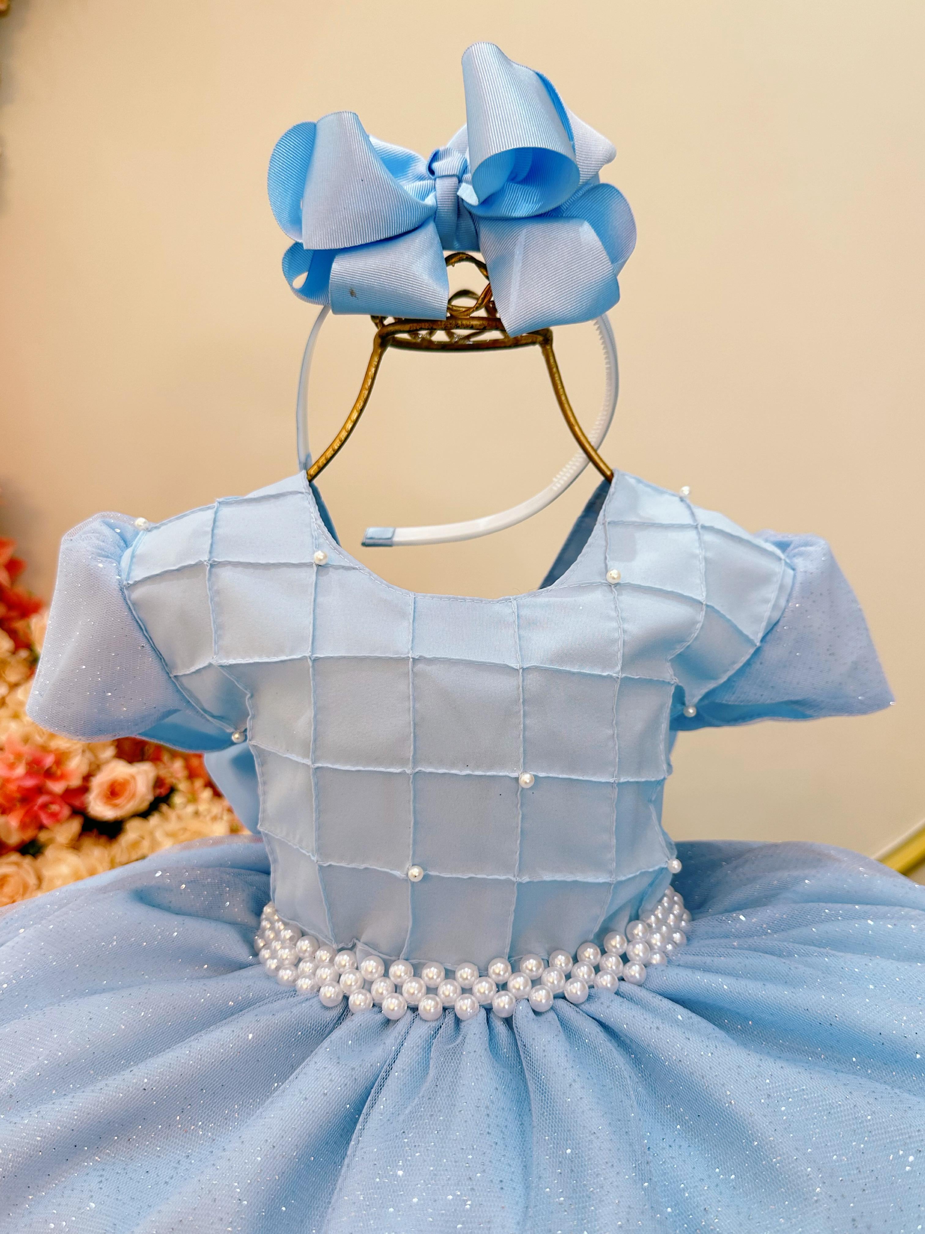 Vestido Infantil Azul Claro Busto Nervura Pérolas e Glitter