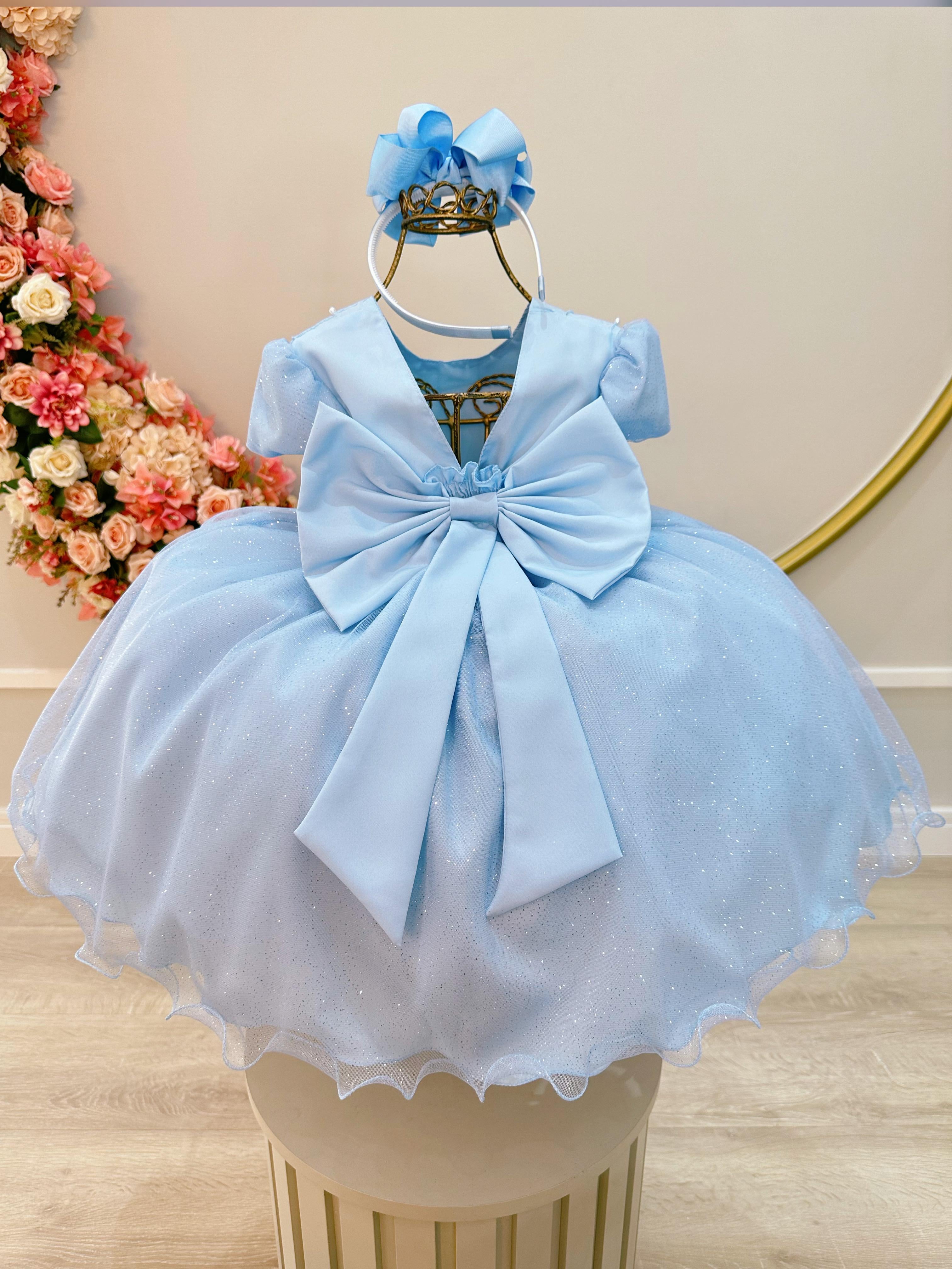 Vestido Infantil Azul Claro Busto Nervura Pérolas e Glitter