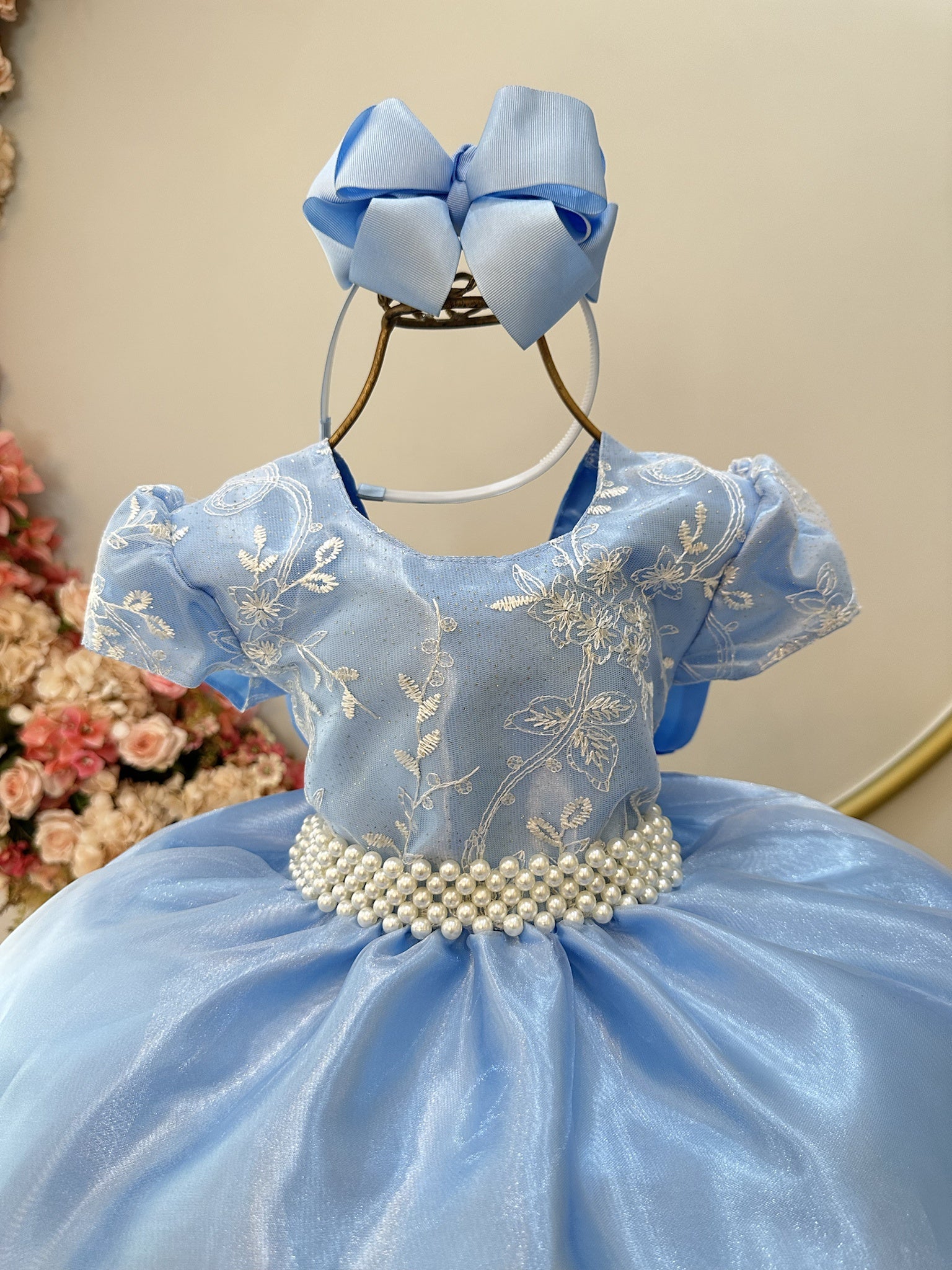 Vestido Infantil Azul Claro C/ Renda e Pérolas Daminha