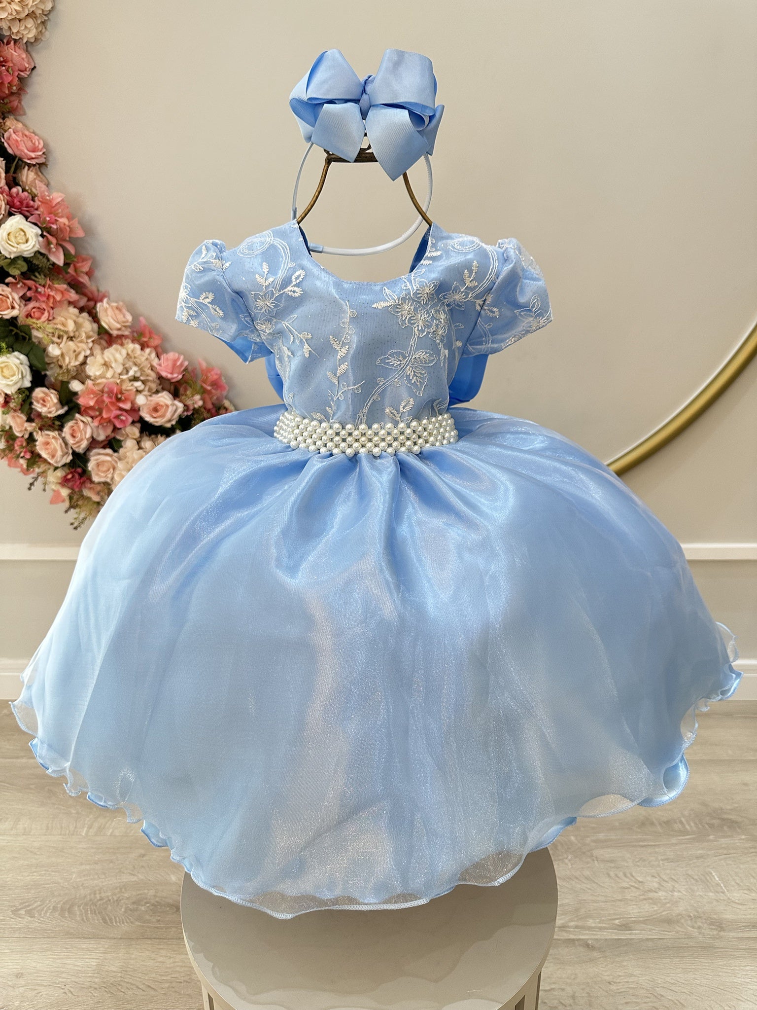 Vestido Infantil Azul Claro C/ Renda e Pérolas Daminha