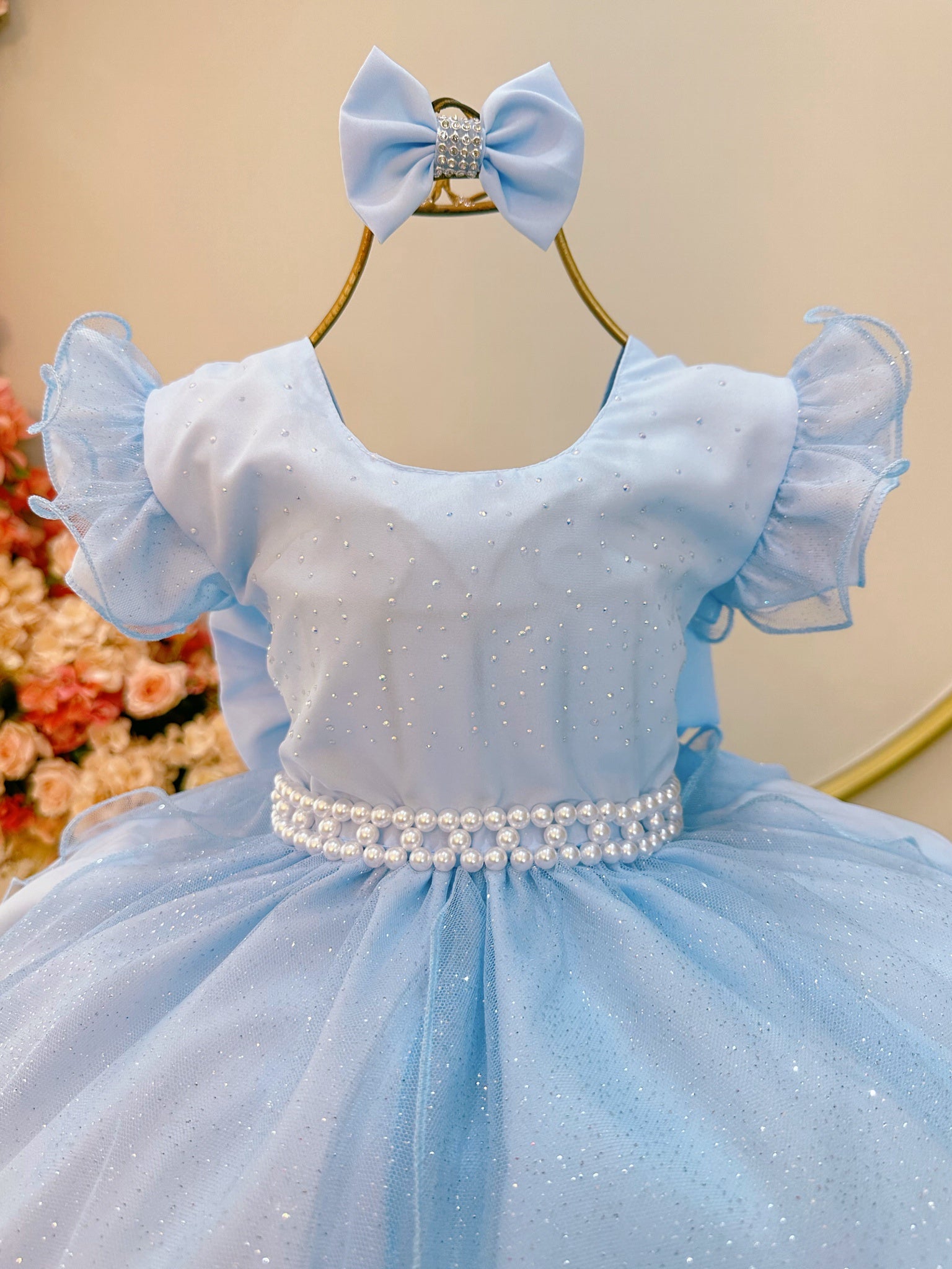 Vestido Infantil Azul Claro Saia C/ Tule e Glitter Daminha