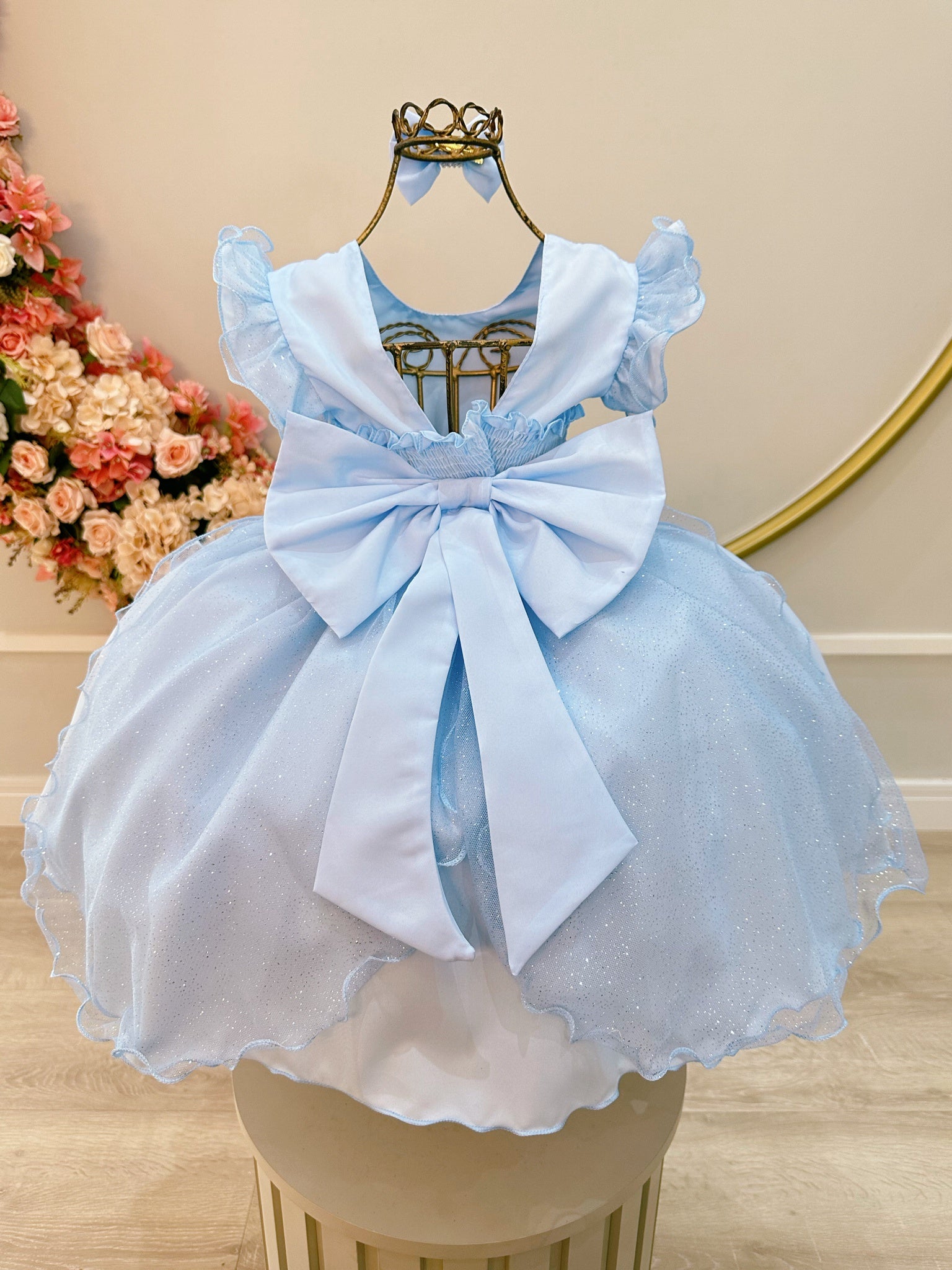 Vestido Infantil Azul Claro Saia C/ Tule e Glitter Daminha
