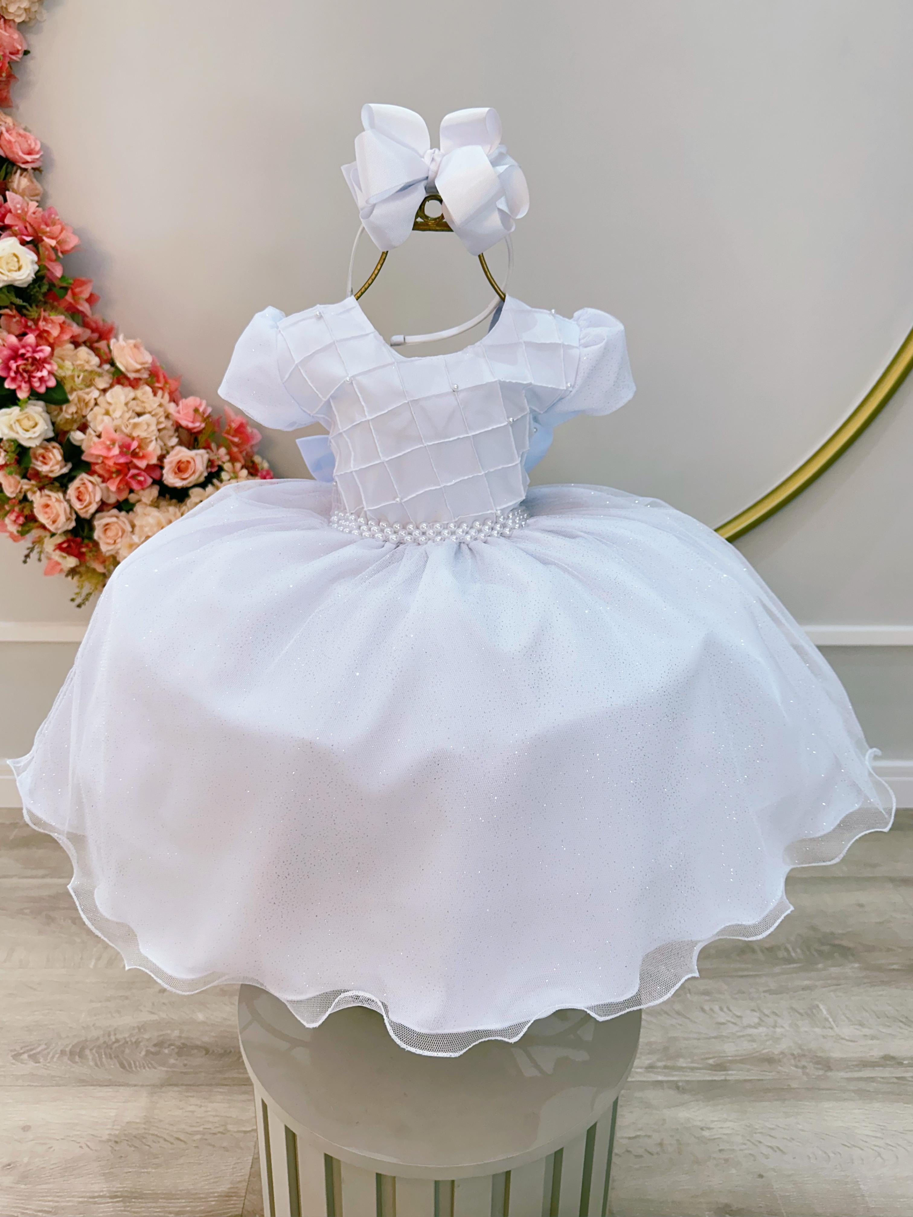 Vestido Infantil Branco Com Busto Nervura Pérolas e Glitter