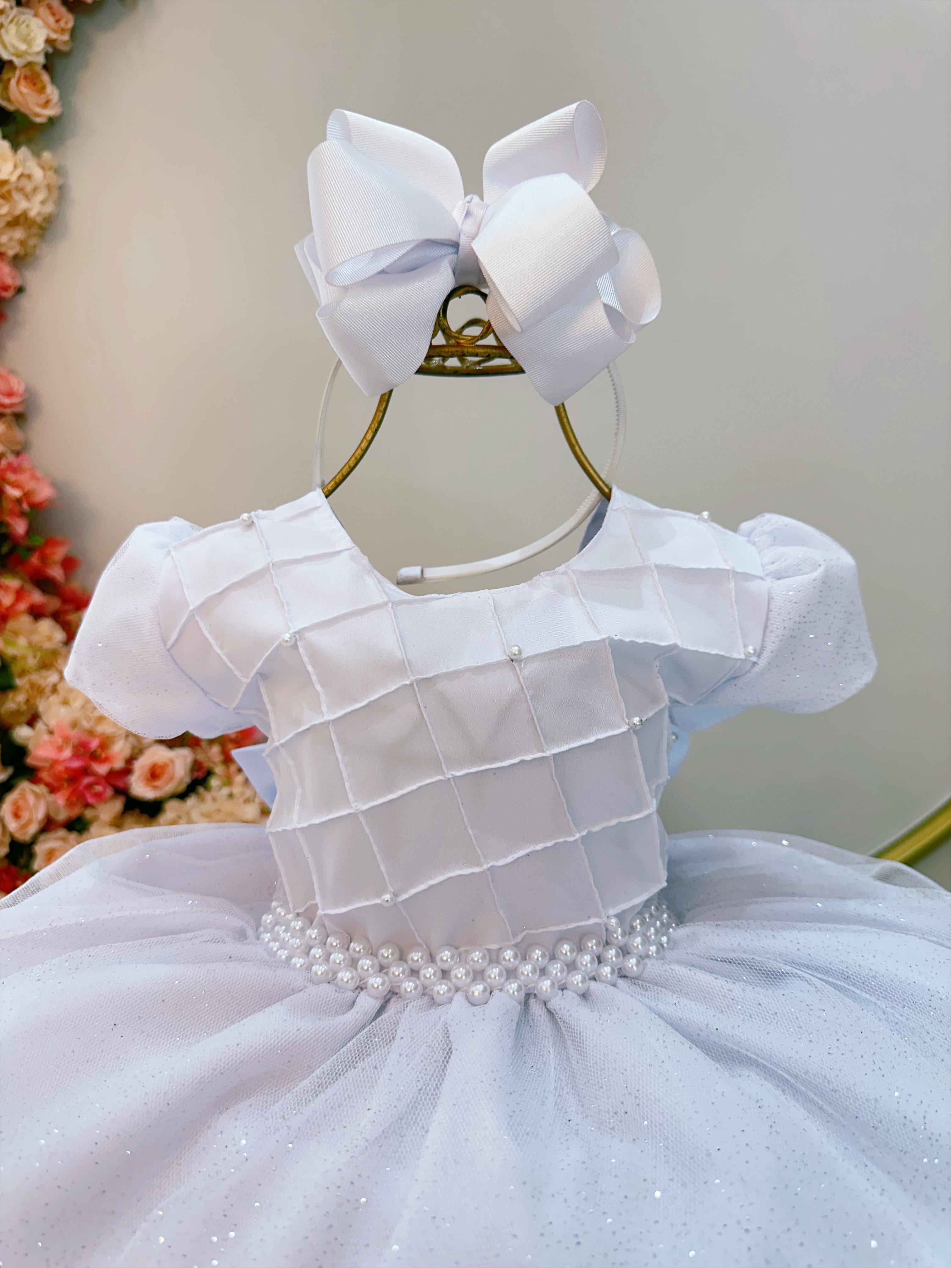 Vestido Infantil Branco Com Busto Nervura Pérolas e Glitter